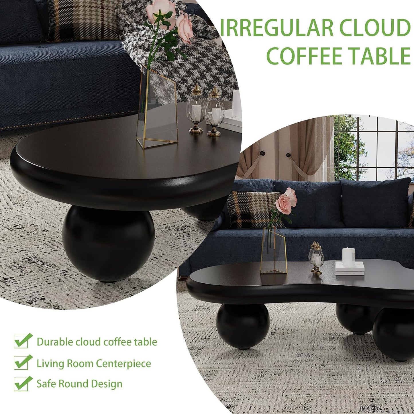 Cloud Coffee Table (D Black 46.06in) | Cute Irregular Tea Table with Large Tabletop, Cloud Shape Modern Accent Cocktail Table for Living Room, Office, Home Decor