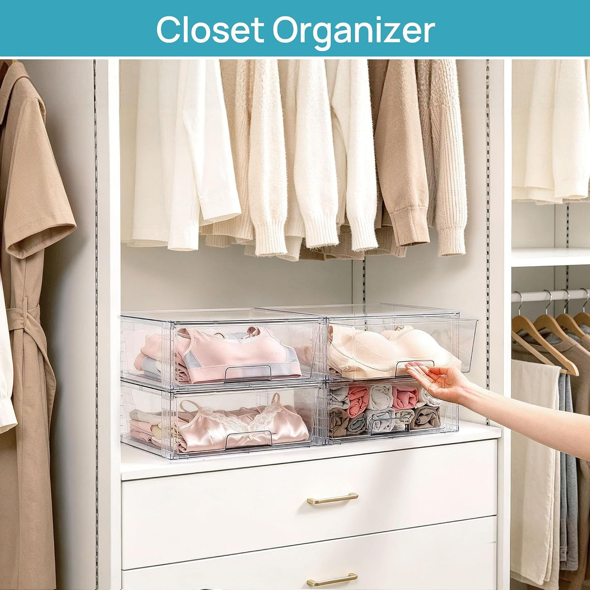 Vtopmart 4 Pack Large Clear Stackable Storage Drawers for Closet, Pantry