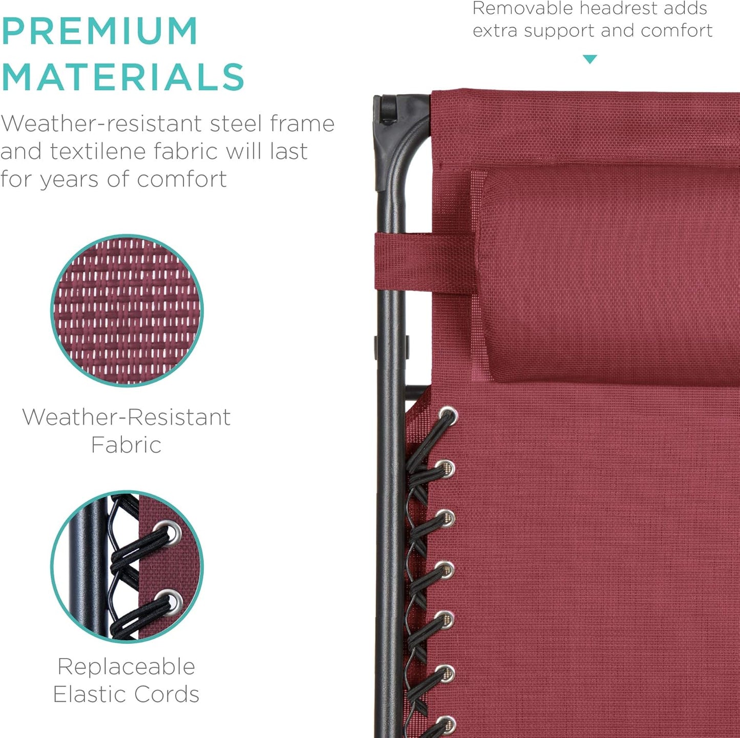 Best Choice Products Folding Zero Gravity Outdoor Recliner Patio Lounge Chair w/Adjustable Canopy Shade, Headrest, Side Accessory Tray, Textilene Mesh - Burgundy
