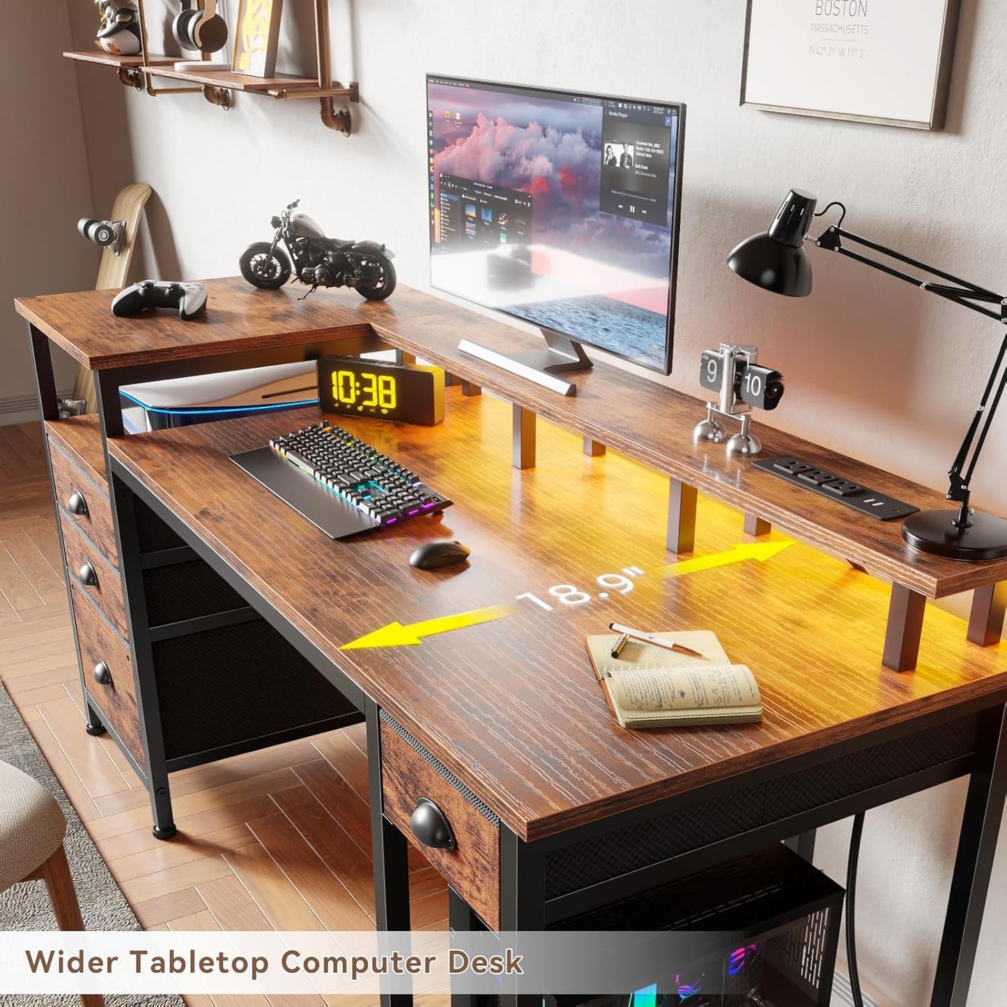Furologee 60" Computer Desk with File Cabinet and Storage Shelves, Reversible Home Office Desk with LED Lights, Full Monitor Stand, Power Outlets, Study Gaming Table with 4 Drawers, Rustic Brown