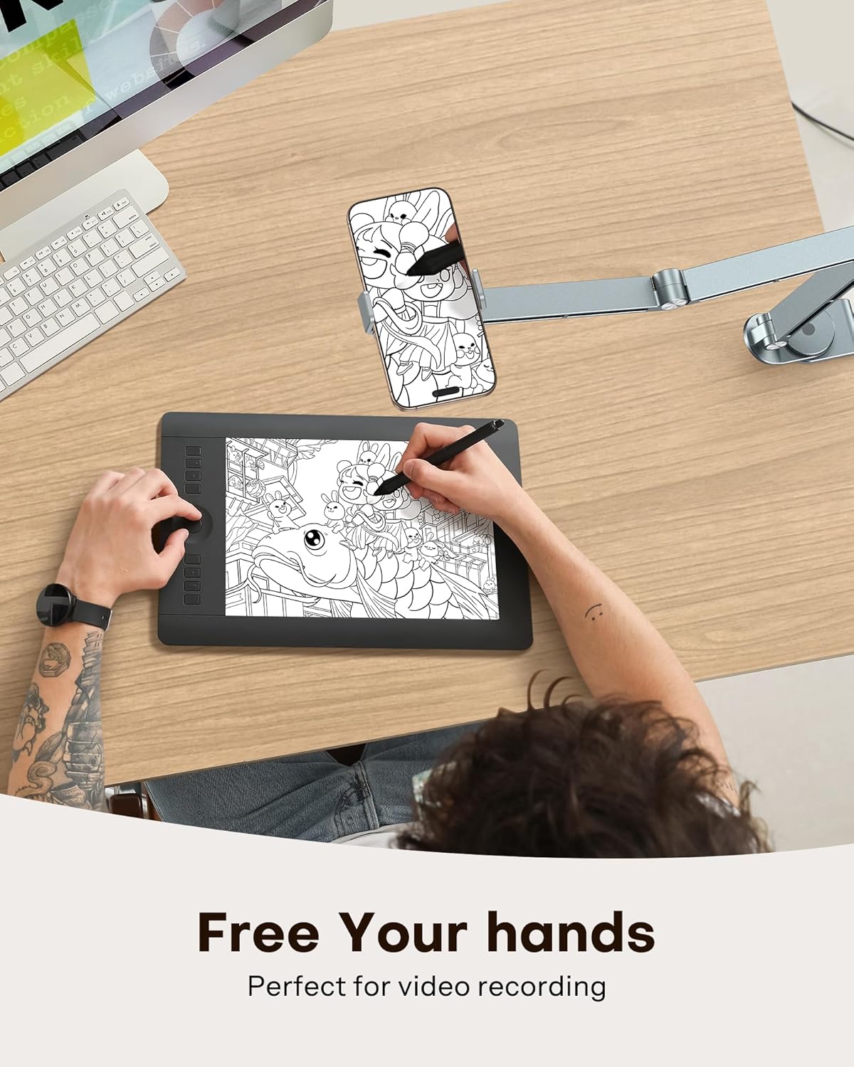 OMOTON Tablet Stand for iPad with 360° Rotation, GH03 Aluminum Alloy Long Arm Phone Mount with 2 Plastic Clamps (Phone & Tablet), Adjustable Holder for 4-13" iPad Pro/iPhone, Grey