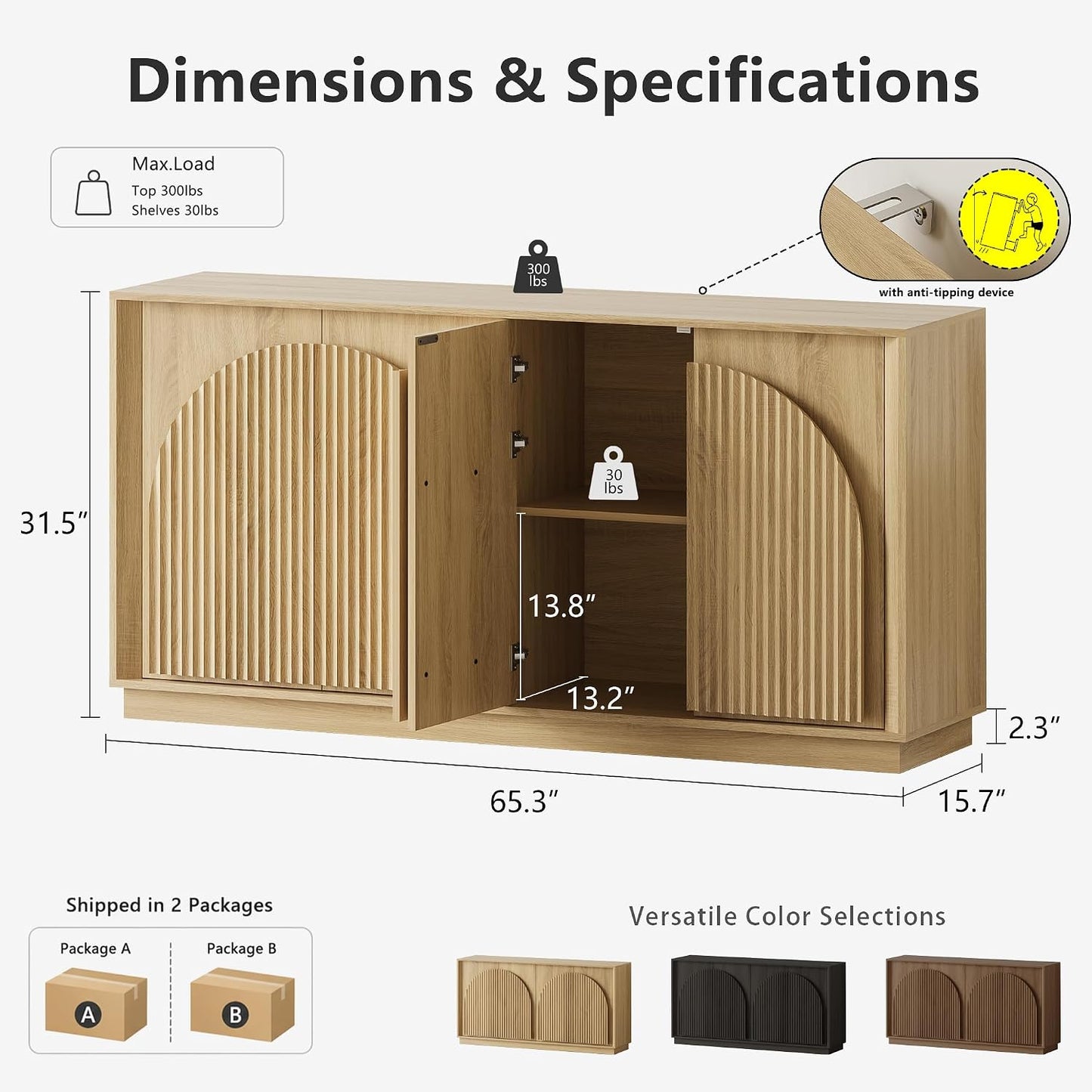 win2win 65" Sideboard Buffet Cabinet with Storage, Modular Credenza, Oak