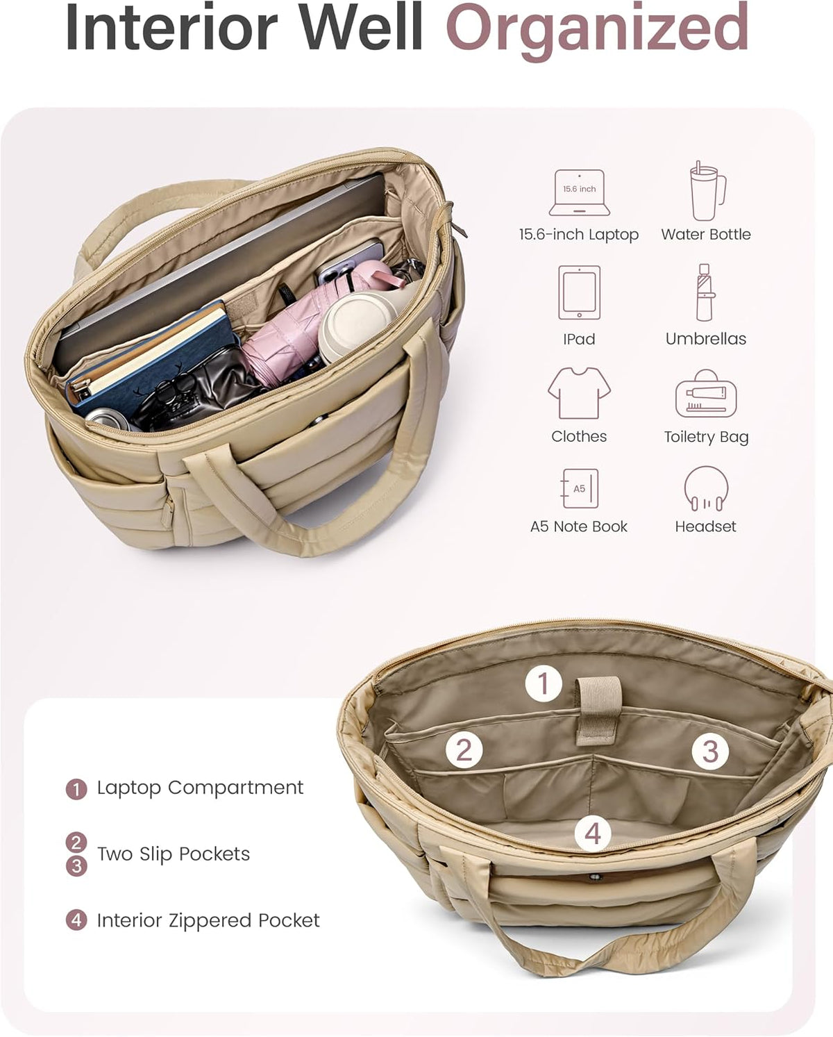Uselike Tote Bag for Women with Zipper, Quilted Puffer Tote Bag with Compartments, Lightweight Puffy Work Bags for Women