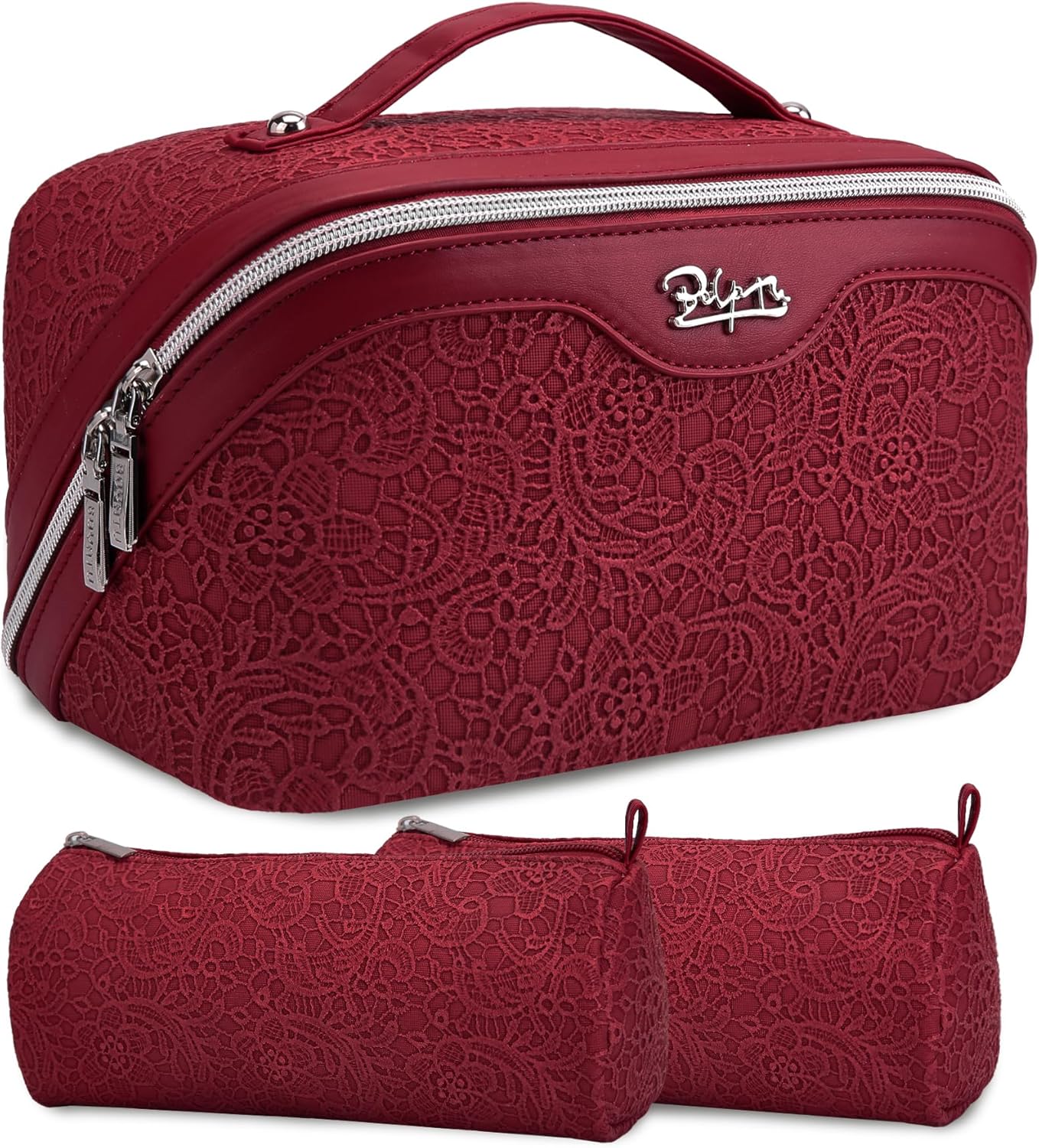 BOYATU Travel Makeup Bags Cosmetic Organizer Bag: 3-Set Large Capacity Make up Bag - PU Leather Toiletry Bags for Women - Wide Open Portable Pouch with Divider & Handle (02-Light Brown)