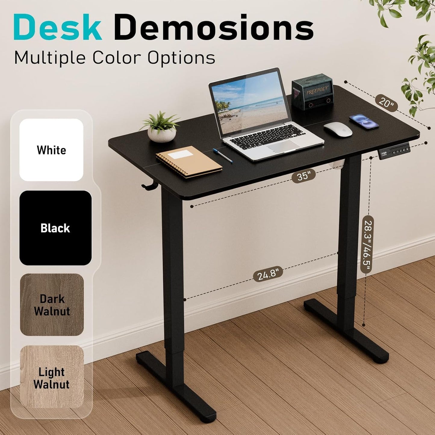35" Electric Standing Desk Adjustable Height, Small Sit Stand Desk for Home Office & Computer Workstation, Compact Work Desk with Cable Management (Black)