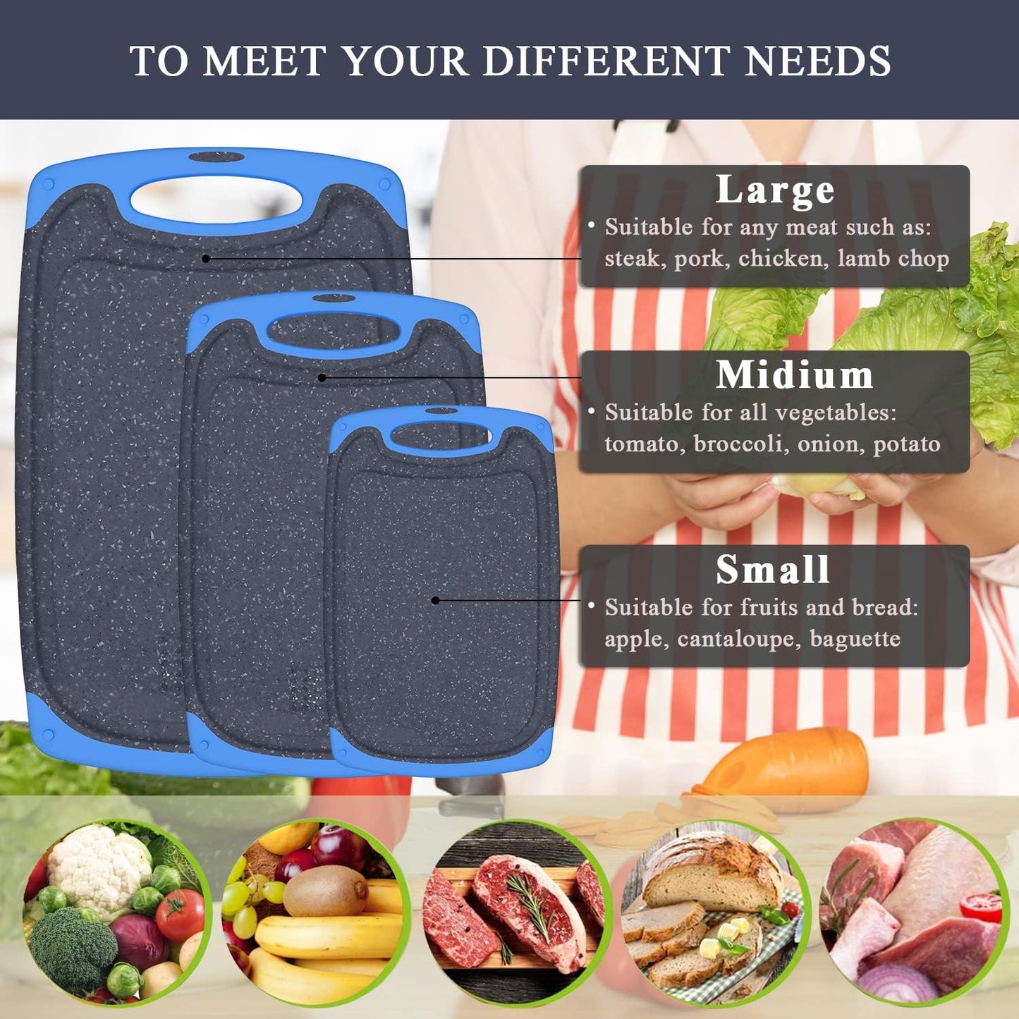 Viretang Non Slip Cutting Board, 3 Pieces Dishwasher Safe Cutting Boards with Juice Grooves, Easy Grip Handle, Non-Slip, with Grinding Area for Grinding Garlic and Ginger（blue）