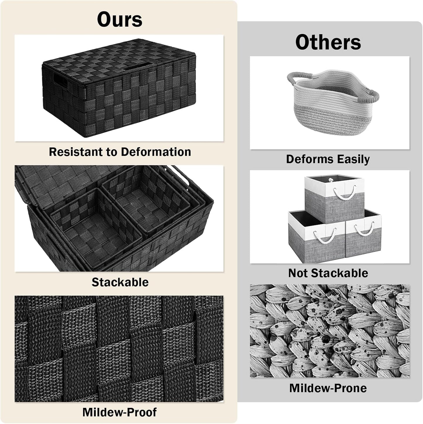 Storage Baskets with Lids: 5 Pack Stackable Woven Storage Bins, Black