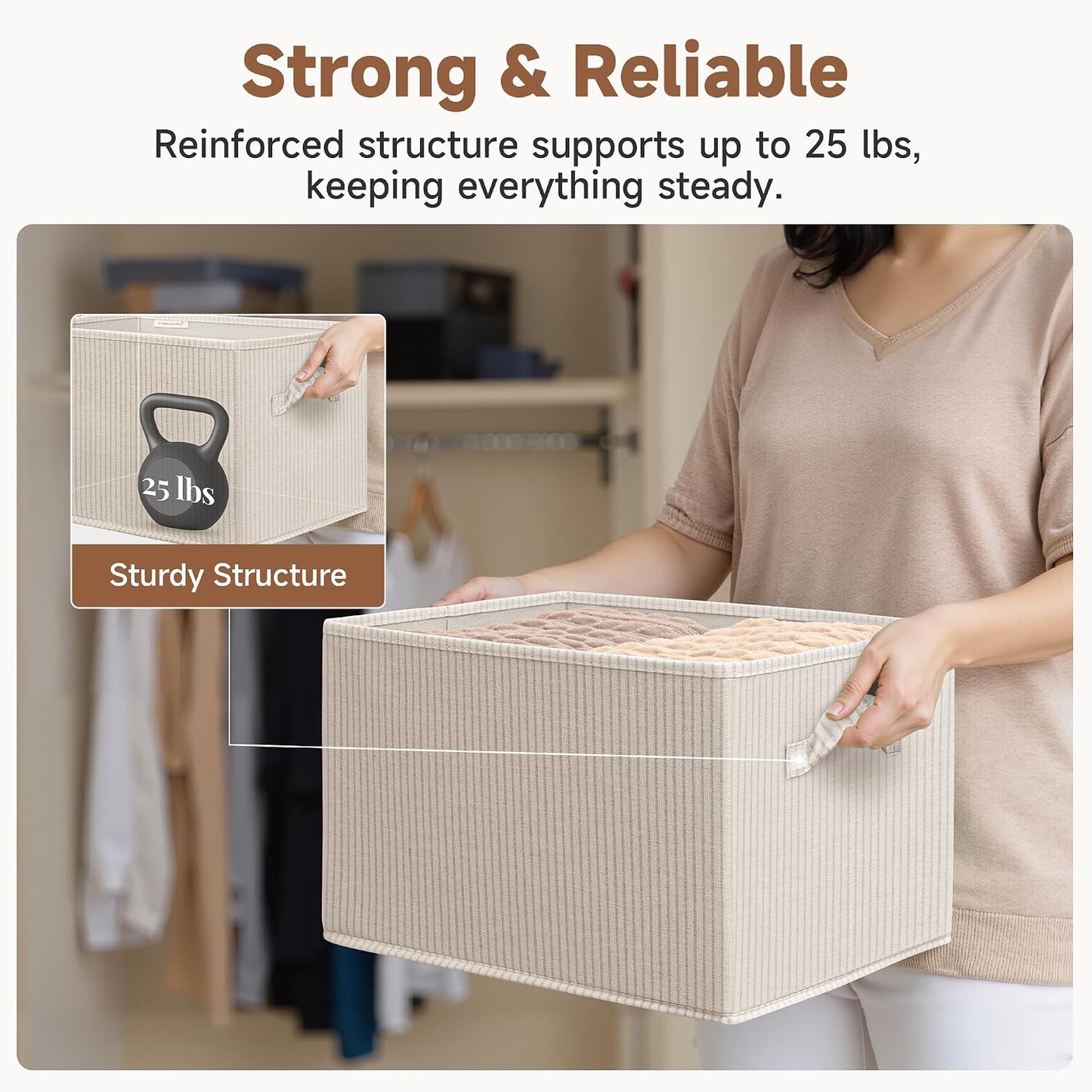 StorageWorks Shelf Organizer Bins, Beige Stripes, Extra Large, 3-Pack | Foldable Shelf Organizer Bins, Closet Storage Baskets for Clothes, Storage Bins for Organization