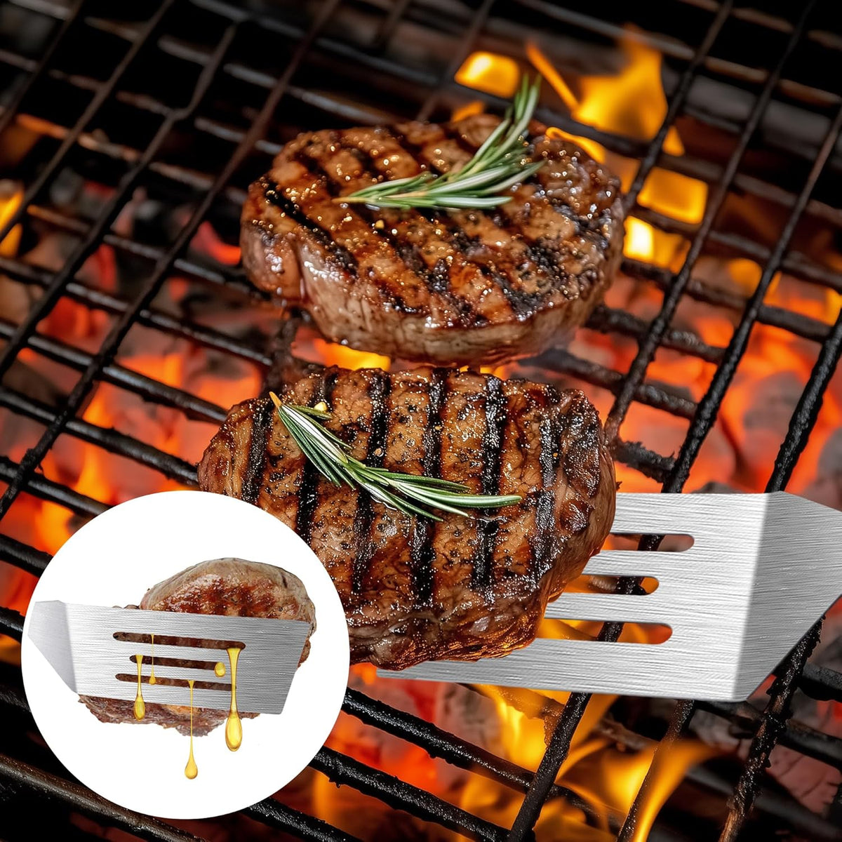 Stainless Steel Spatula Set, 2 pcs for Cast Iron Skillet with Wooden Handle