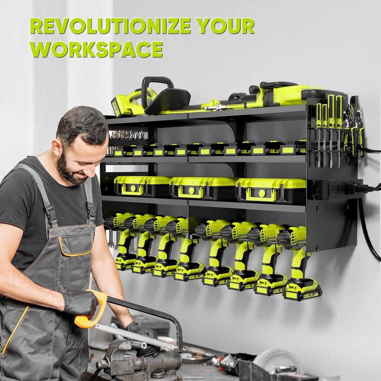 POKIPO Large Power Tool Organizer Wall Mount with Charging Station,4 Layer Heavy Duty Metal Tool Storage Rack Loads 600lbs with 8 Cordless Drill Holder,Battery Utility Rack Loads with 4 Power Strip