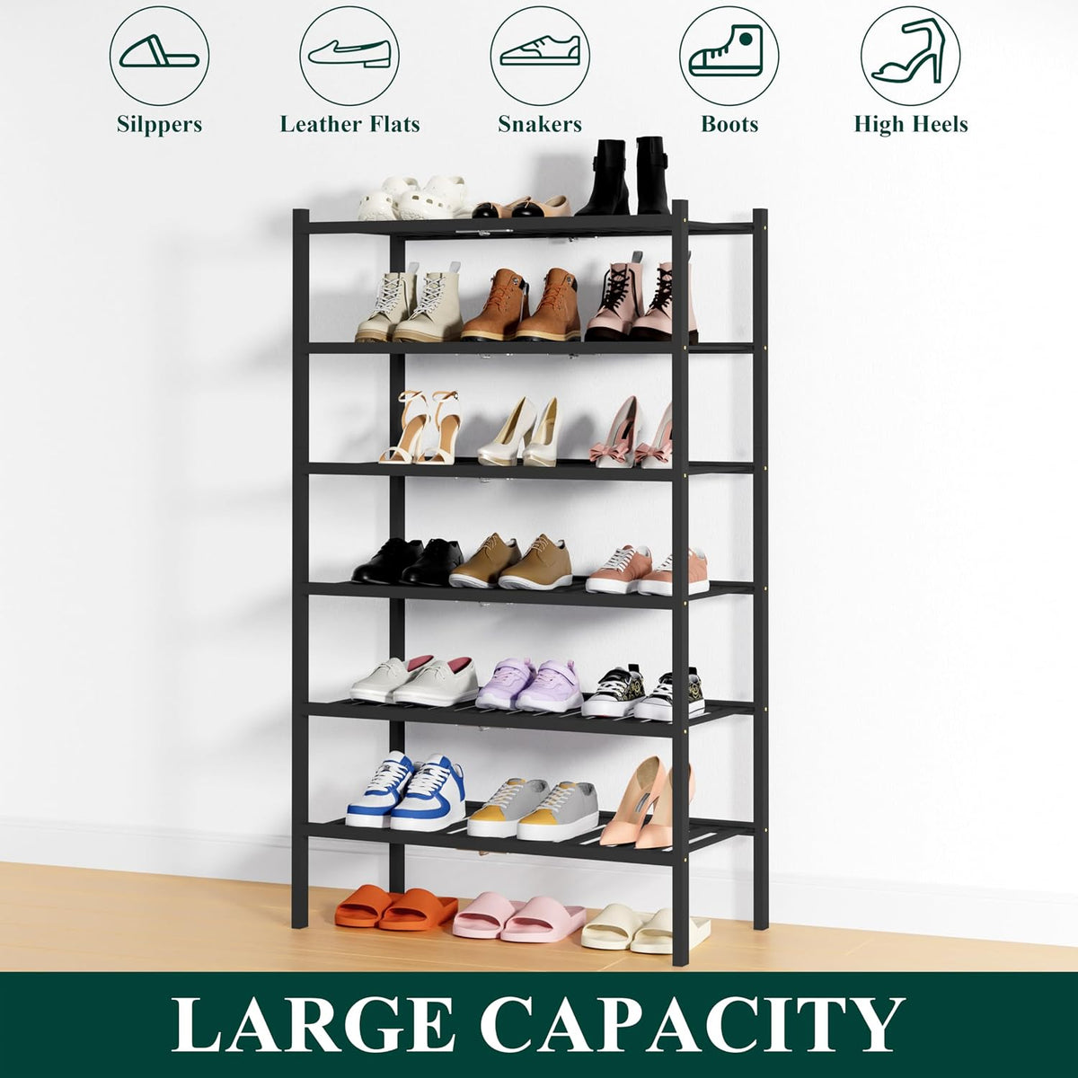 Smiry Bamboo Shoe Rack, 14 Vertical Slats, 6 Tier - 26.8" Wide, Black