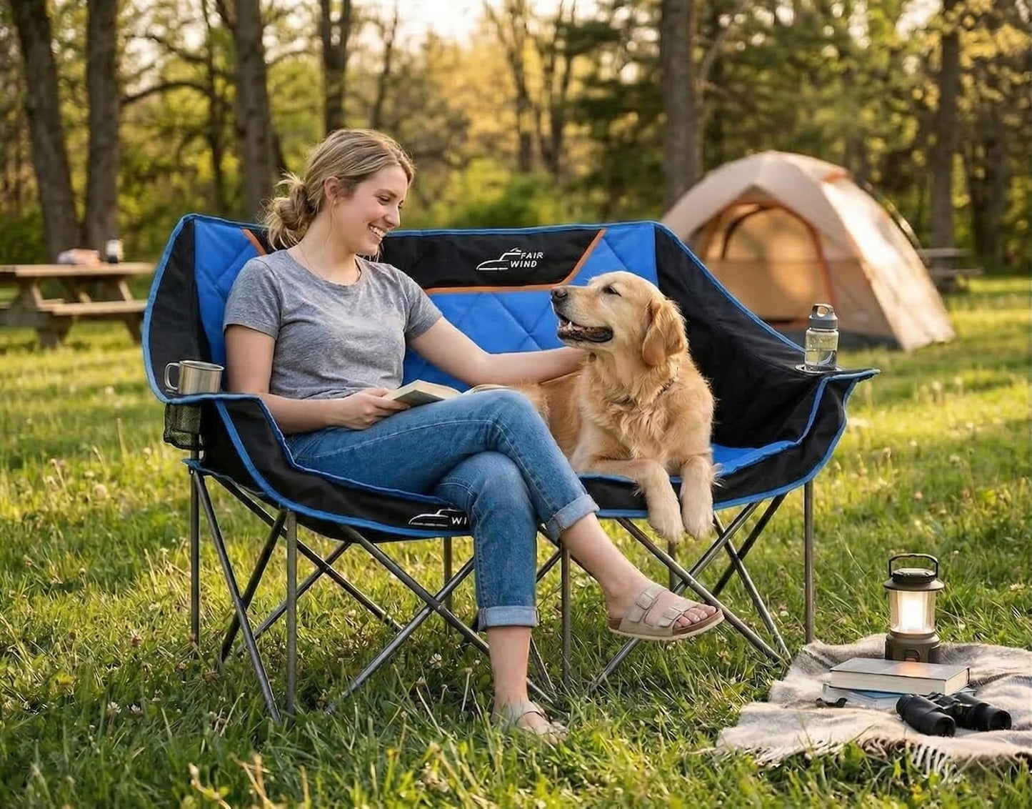FAIR WIND Oversized Fully Padded Camping Chair Folding Loveseat Camping Couch Double Duo Chair Heavy Duty Quad Fold Arm Chair with Cup Hold - Supports 650 LBS Blue