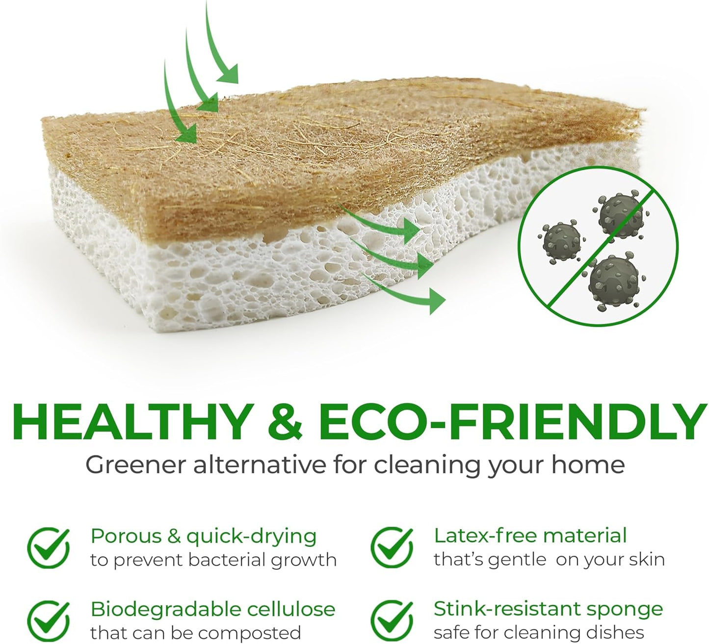 AIRNEX Natural Kitchen Sponges (12 Pack) - Biodegradable Cellulose & Coconut Scrubber Dish Sponges for Kitchen - Eco-Friendly, Non Scratch, Compostable, Non Toxic S-Shaped Natural Sponges for Dishes