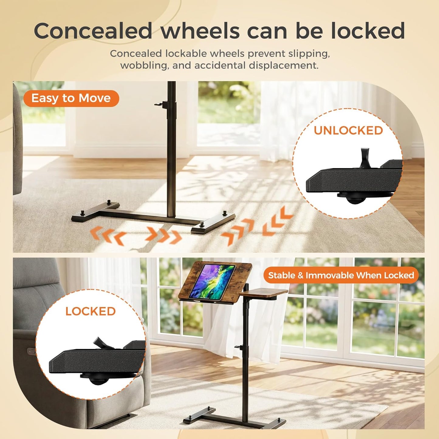 Aothia Small Standing Desk Rolling Table Adjustable Height, Laptop Mobile Stand with Wheels, Overbed Table, Portable Computer Workstation with Tiltable Desktop for Teacher Classroom Home Office, Brown