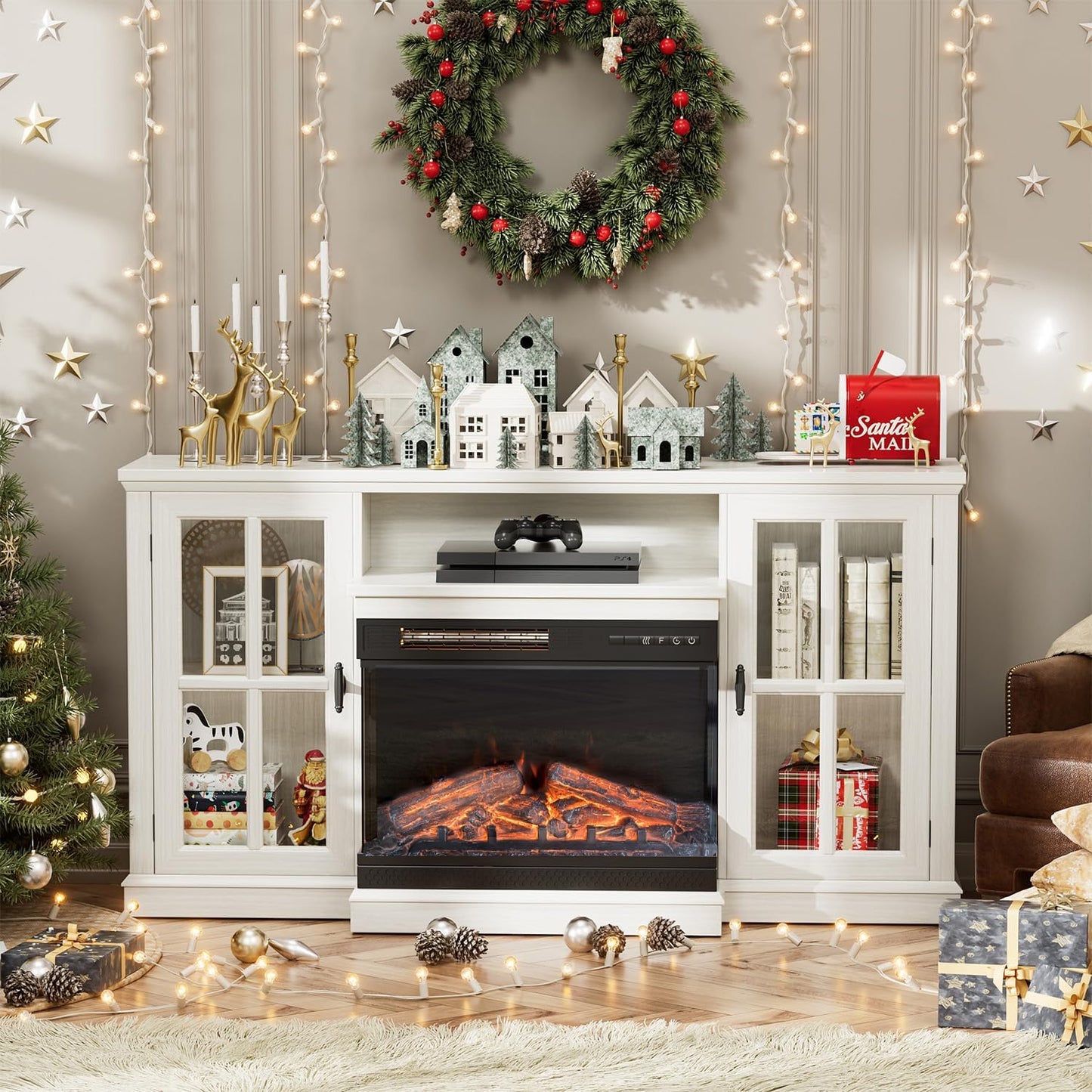 JUMMICO Fireplace TV Stand up to 65", 3-Sided Glass, Distressed White | Entertainment Center with Cabinet Storage, Adjustable Flame and LED Colors, Media Console for Living Room