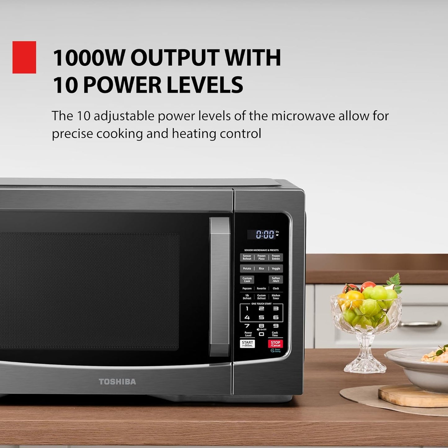 TOSHIBA EM131A5C-BS Countertop Microwave Ovens 1.2 Cu Ft, 12.4" Removable Turntable Smart Humidity Sensor 12 Auto Menus Mute Function ECO Mode Easy Clean Interior Black Color 1000W