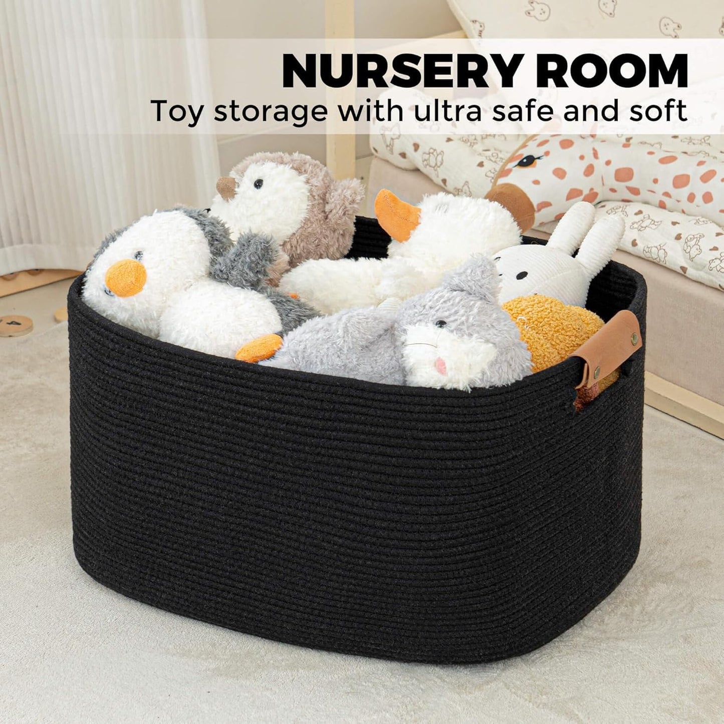 danpinera Large Woven Basket, 108 L Blanket Basket for Living Room, Nursery Bin for Toys Organizing & Laundry, Cotton Rope Hamper with Leather Handle, 25’’*16’’*16’’ Black
