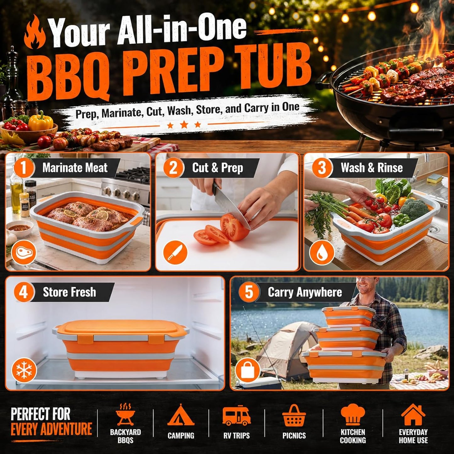 16L Collapsible BBQ Prep Tub with Locking Lid & Cutting Board - Marinade Container Grill Carry System for RV Picnic Tailgate - Portable Wash Basin for Kitchen Camping Sink - Gift for Men Women