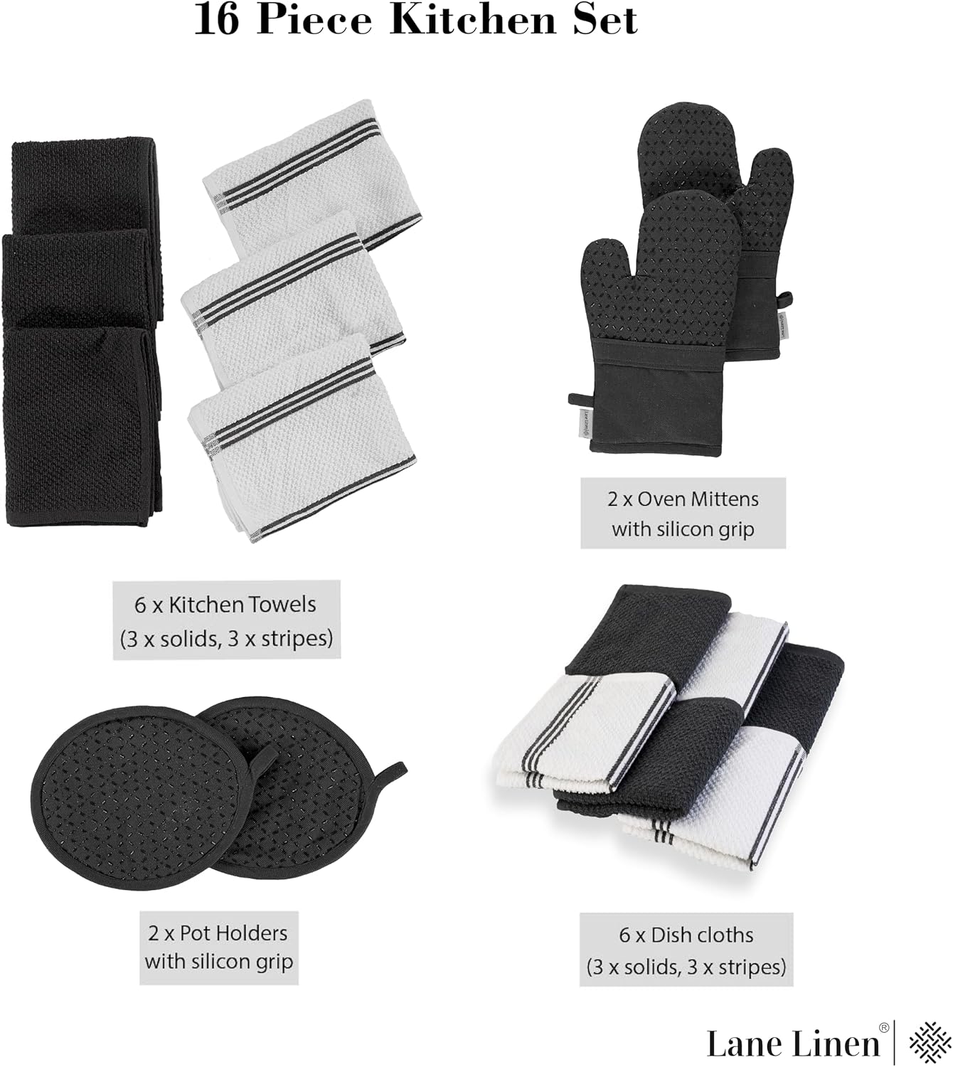 LANE LINEN 16-Piece Kitchen Towels & Dishcloths Set – Heat Resistant Silicone Oven Mitts, Pot Holder & Absorbent Terry Dish Towels – Black
