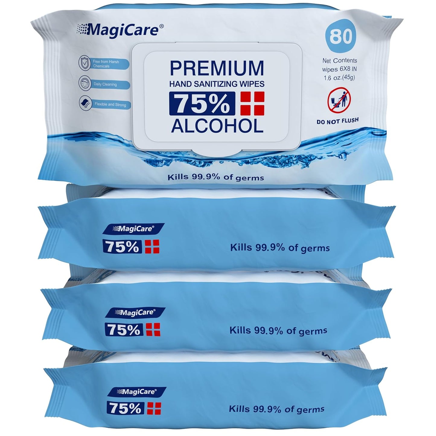 MagiCare 75% Large Alcohol Wipes (4, 80ct Packs, 320ct) - Hand Sanitizer Wipes, Unscented Hand Wipe, Cleaning, Sanitizing Wipe - Travel, Home, Office, Classroom, Car, Camping - Soft Packs