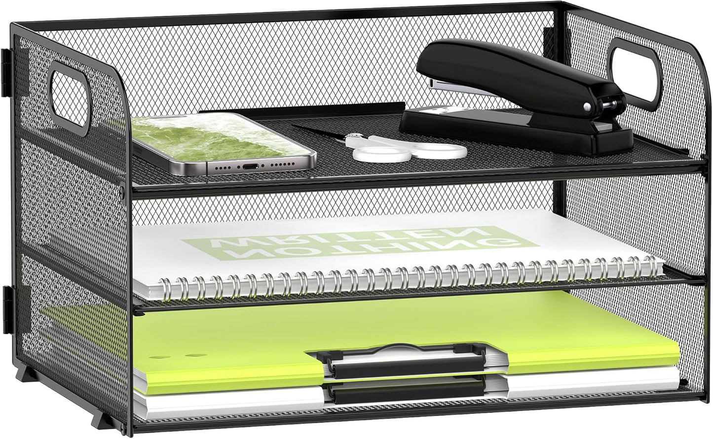 DALTACK 3 Tier Paper Organizer with Handle, Mesh Metal Desk Organizer with Sliding Paper Trays for Letter/A4 Paper, Mail, Bills & Folders, Black