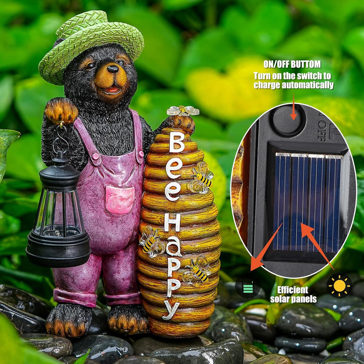 Joint Honglin Honey Bear Garden Statue with Lighted Beehive & Lantern