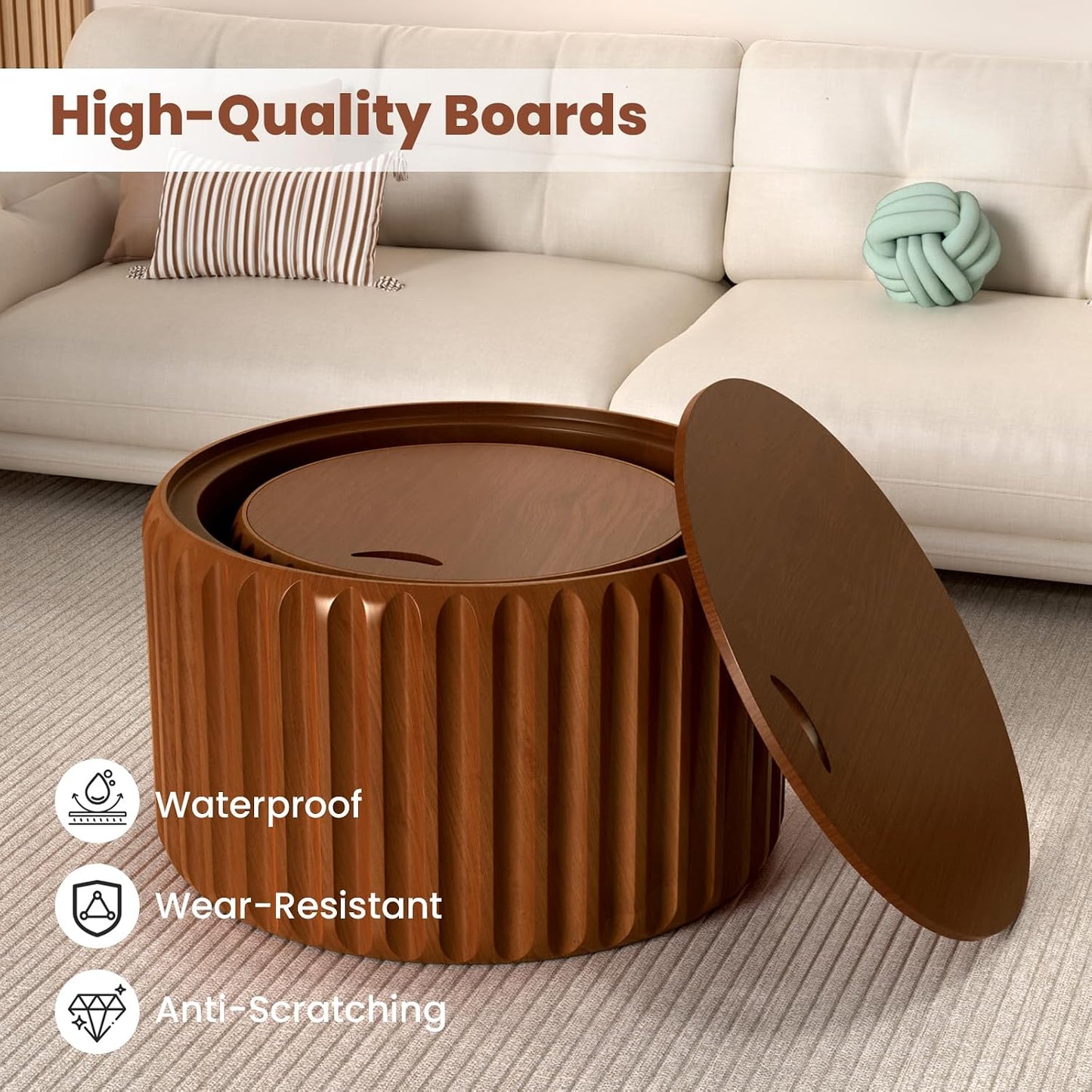Round Fluted Nesting Coffee Table Set of 2 with Storage (Brown set of 2) | Wooden Coffee Table with Removable Lid Modern Handcraft Drum Accent End Table for Living Room Small Space Apartment