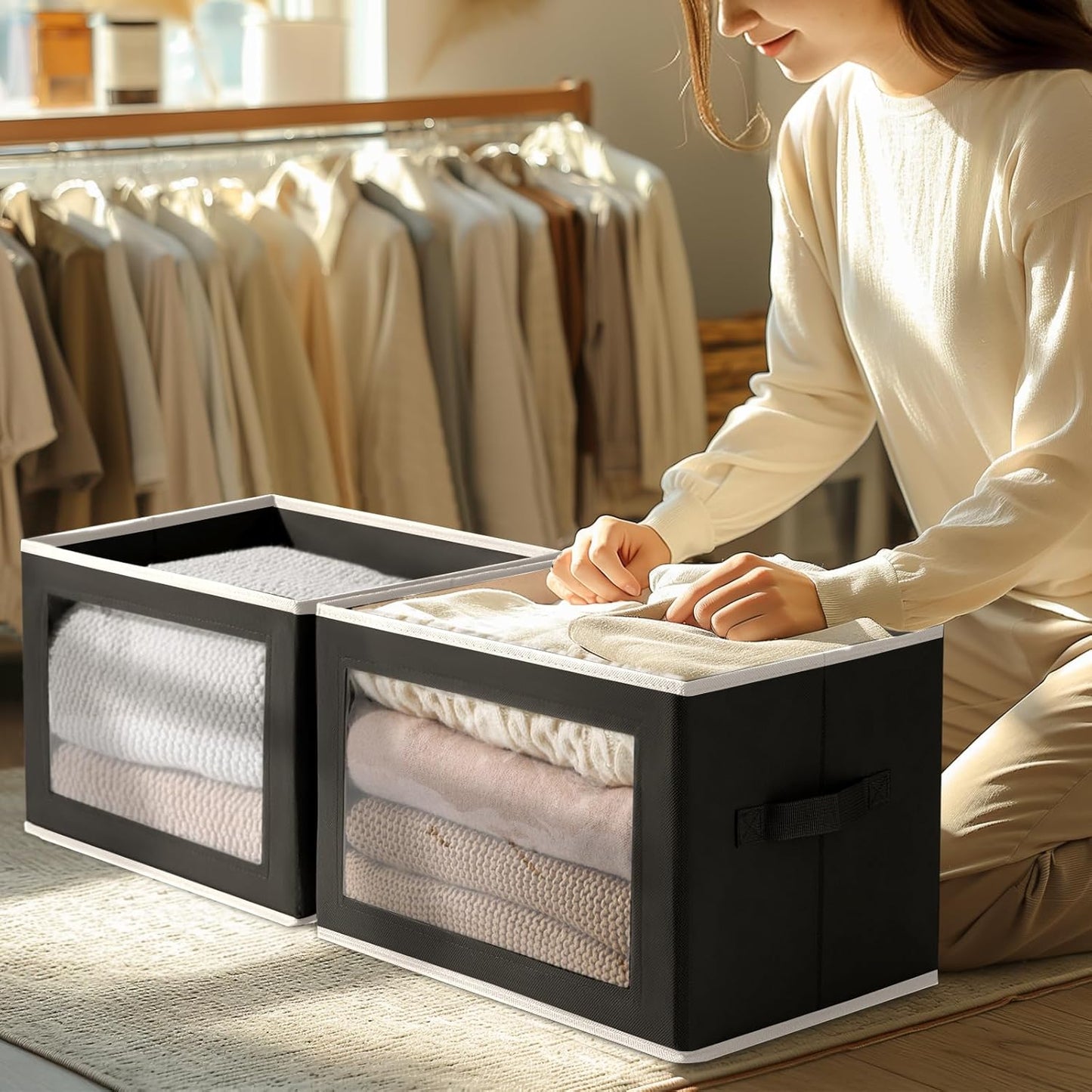 Homsorout Storage Boxes with Lids - 3 Pack Fabric Clear Window Storage Bins, Collapsible Storage Bins with Lids, Linen Closet Organizer for Clothes, Towel, Blanket, Black