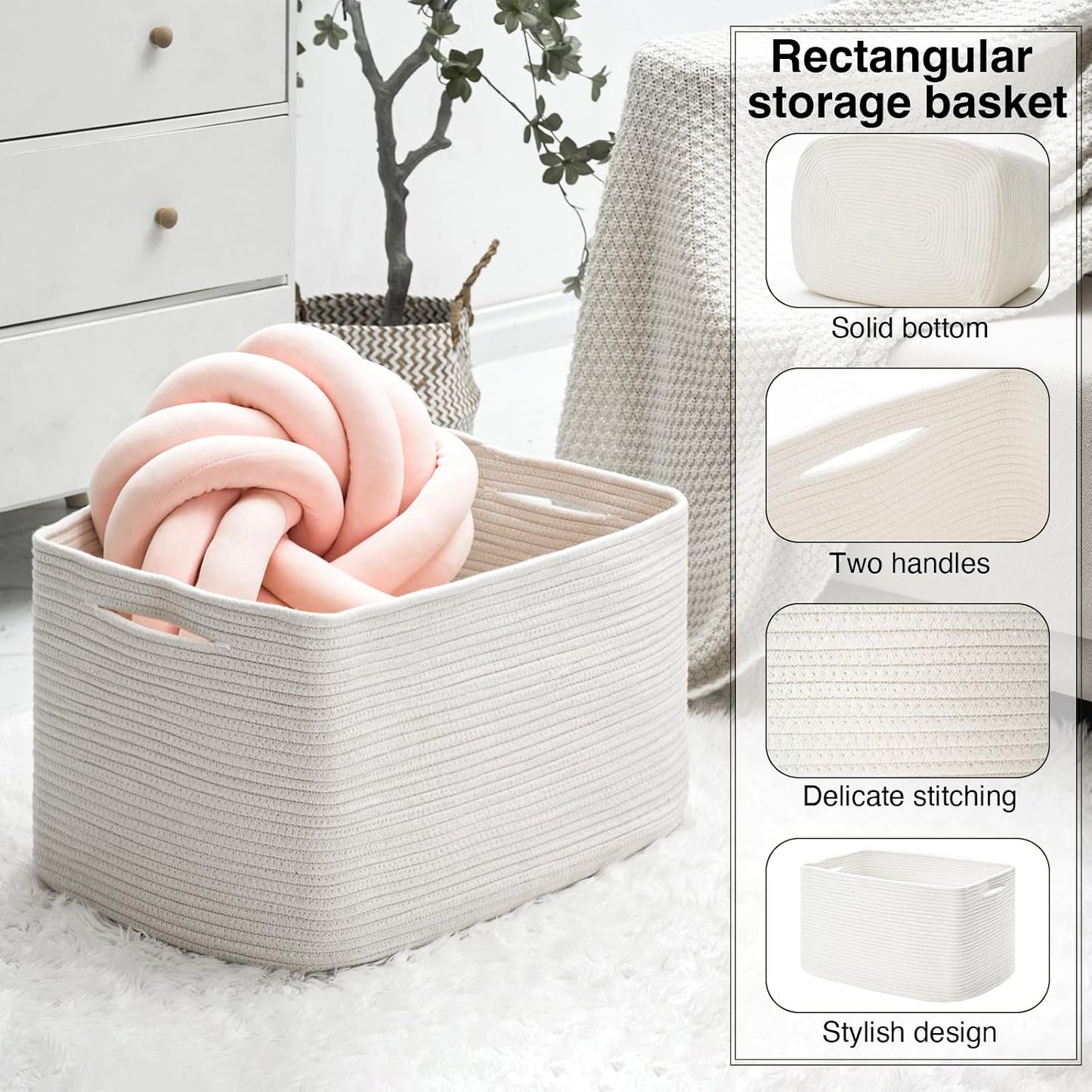 ICERZCZ Large Rectangle Blanket Basket, Large Storage Basket, Cotton Rope Woven Baskets for Storage with Handles, Toy Baskets for Baby Nursery Living Room Bedroom, 22”x17”x12”, White, 75L