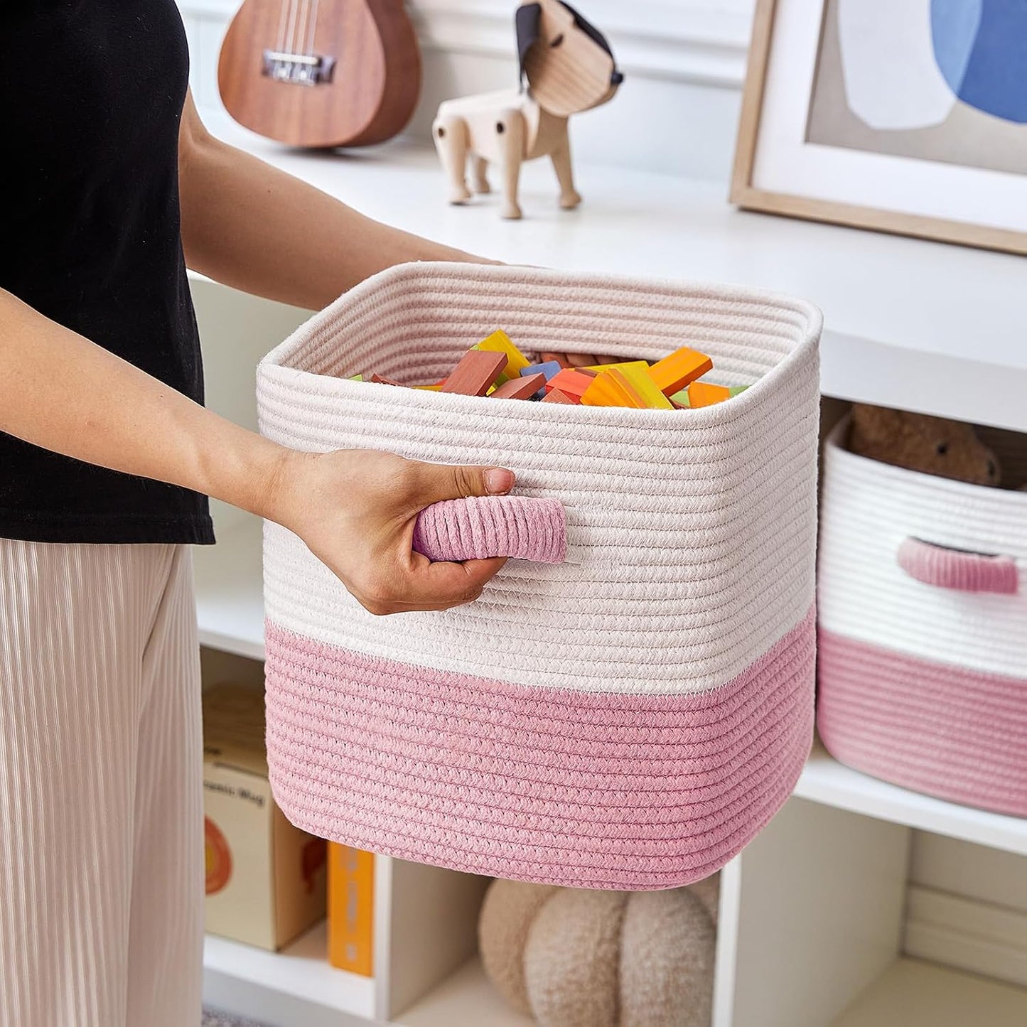 R RUNKA Storage Cube Baskets for Organizing 11 inch-3 Pack- Square Baskets for Cube Storage, Closet Storage Bins - Woven Cube Storage Bins for Shelves- Cube Drawer- Ideal for Toy Storage White & Pink