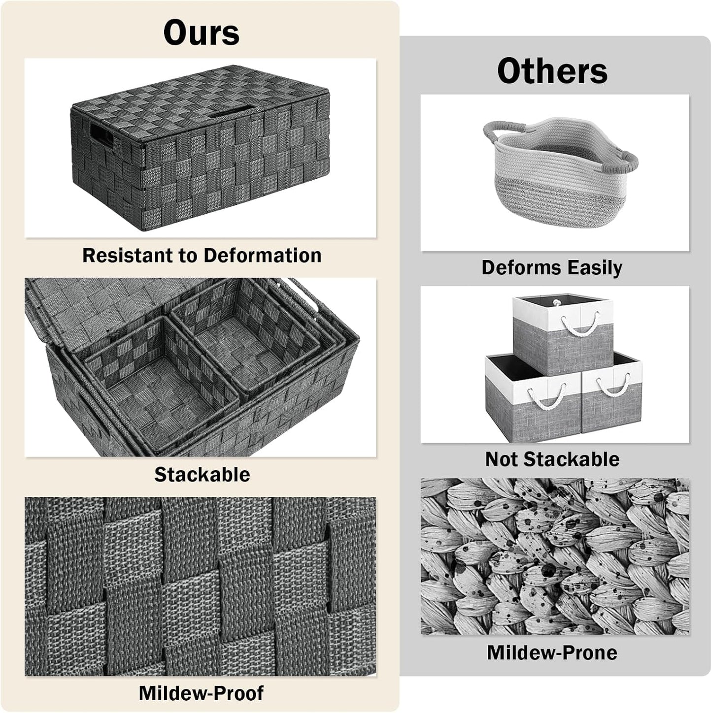 Storage Baskets with Lids: 5 Pack Stackable Woven Storage Bins, Grey