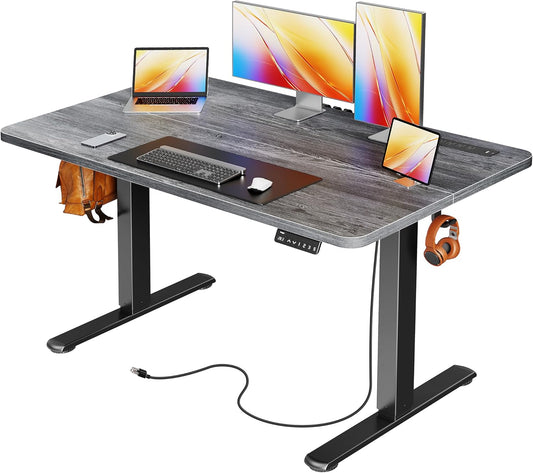 Huuger Electric Standing Desk with Power Outlets and USB-C Port, 47 X 24 Inch Height Adjustable Desk, Sit Stand Desk for Home Office, Computer & Gaming Desk with 4 Presets, Stable Steel Frame, Grey