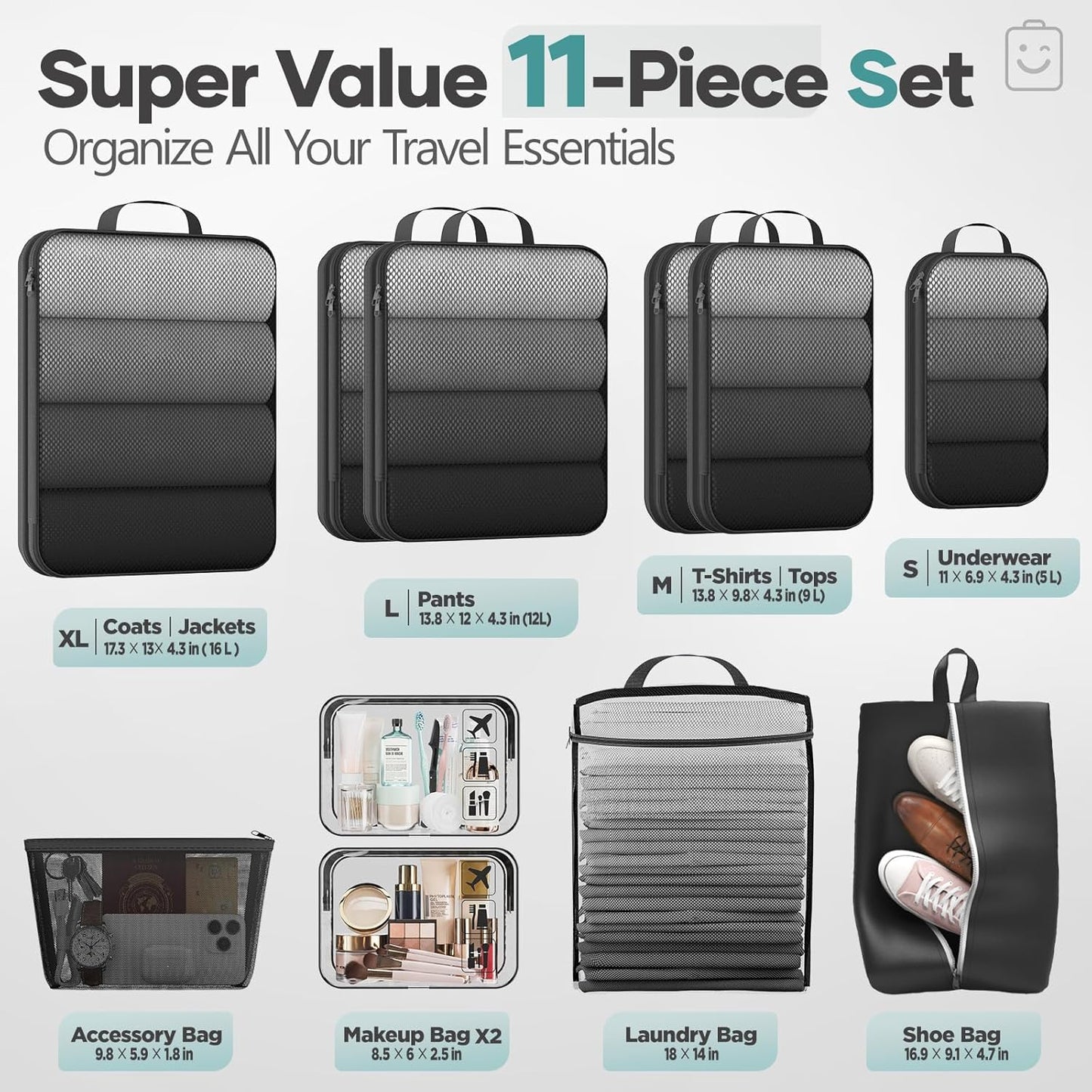 Veken 11 Set Compression Packing Cubes for Travel Essentials,Compressible Expandable Large Luggage Suitcase Organizer Bags for Clothing,Durable Space Saver Storage Bags with Toiletry Bags(Black)