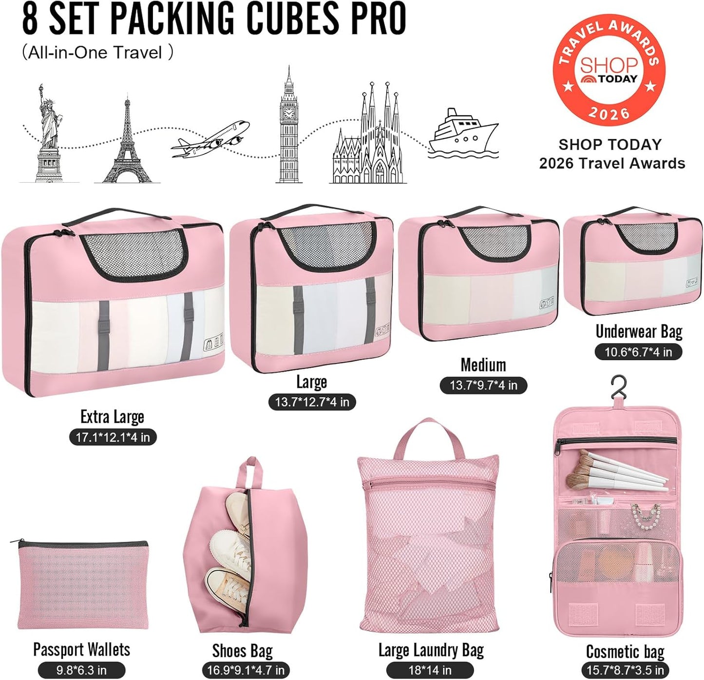 Veken 8 Set Packing Cubes for Cruise Ship Essentials,Beach Vacation Travel Accessories with Hanging Toiletry Bag,Suitcase Organizer for Luggage,Personalized Birthday & Retirement Gifts for Women Mom