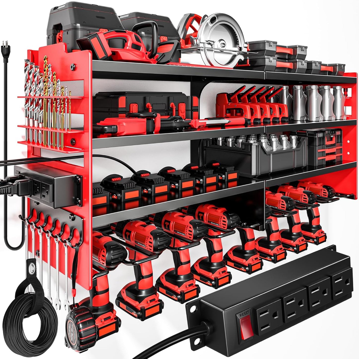 POKIPO Large Power Tool Organizer Wall Mount with Charging Station,4 Layer Heavy Duty Metal Storage Rack Loads 600lbs with 8 Cordless Drill Holder,Battery Utility Rack Gift for Garage workshops Room