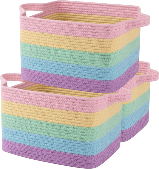 OIAHOMY Storage Basket, Woven Baskets for Storage, Cotton Rope Basket for toys,Towel Baskets for Bathroom - Pack of 3, Rainbow Pastel