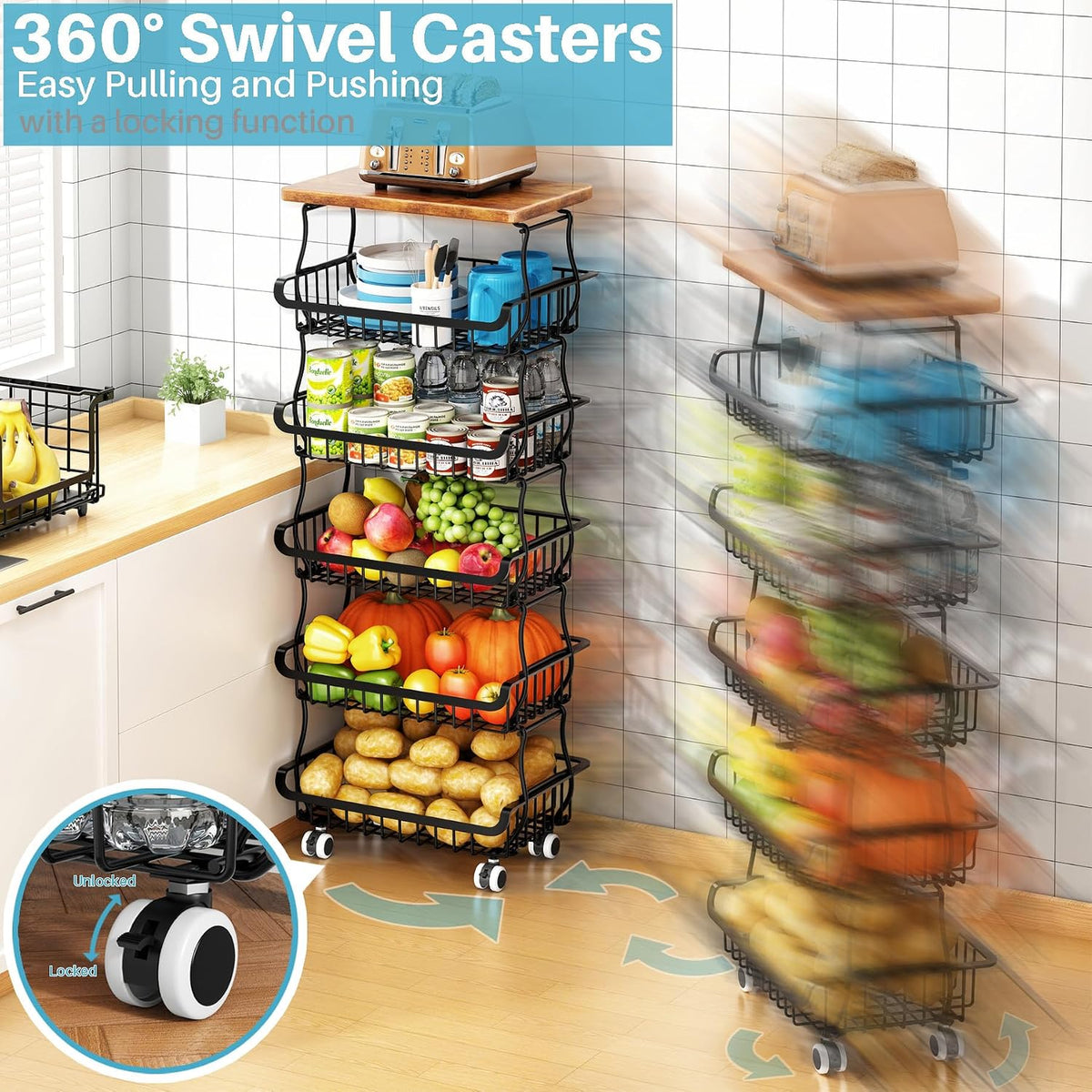 6 Tier Pantry Organizers and Storage Vegetable Fruit Basket for Kitchen, Stackable Flexible Design (3+3, 4+2, 5+1,6+0) Pantry organizers and storage for Kitchen Bathroom Livingroom Laundry Room Cart
