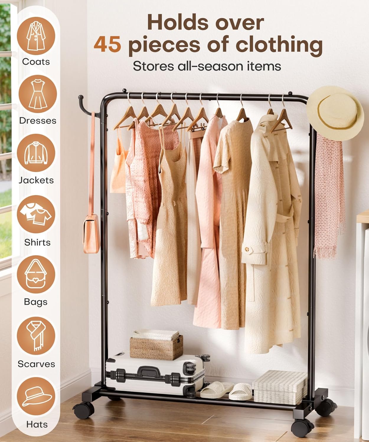 Homde Rolling Clothes Rack with Hooks: Standing Garment Storage for Indoor - Hanging Rod for Bedroom Laundry Room - Coat Dress Organizer on Wheels with luggage shelf (Black, 31.5")