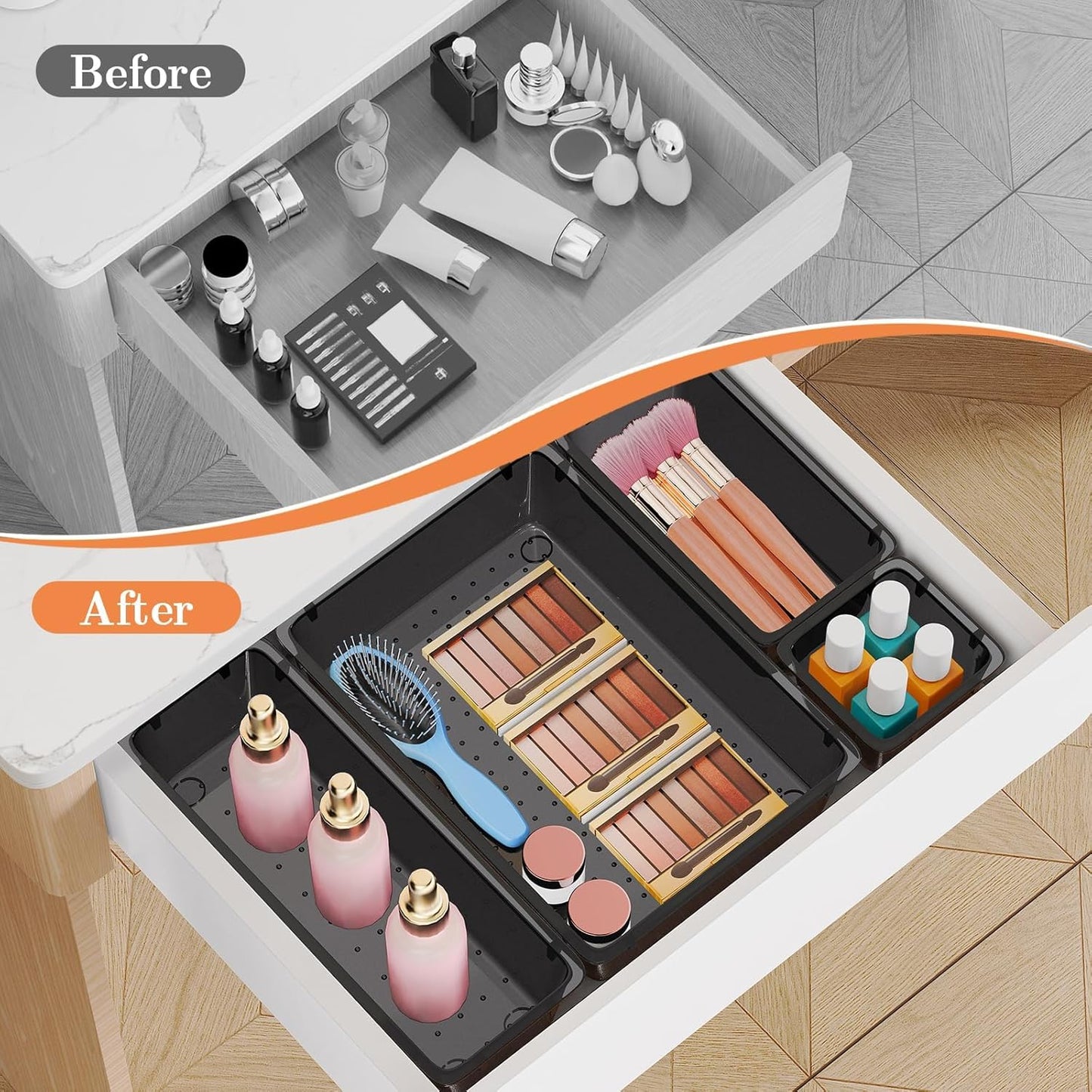 SpaceHacks 25 PCS Plastic Drawer Organizer Set, 4-Size Versatile Organizer Tool Trays & storage Bins for Makeup, Jewelry, and Gadgets in Bathroom, Bedroom and Office,Clear Black