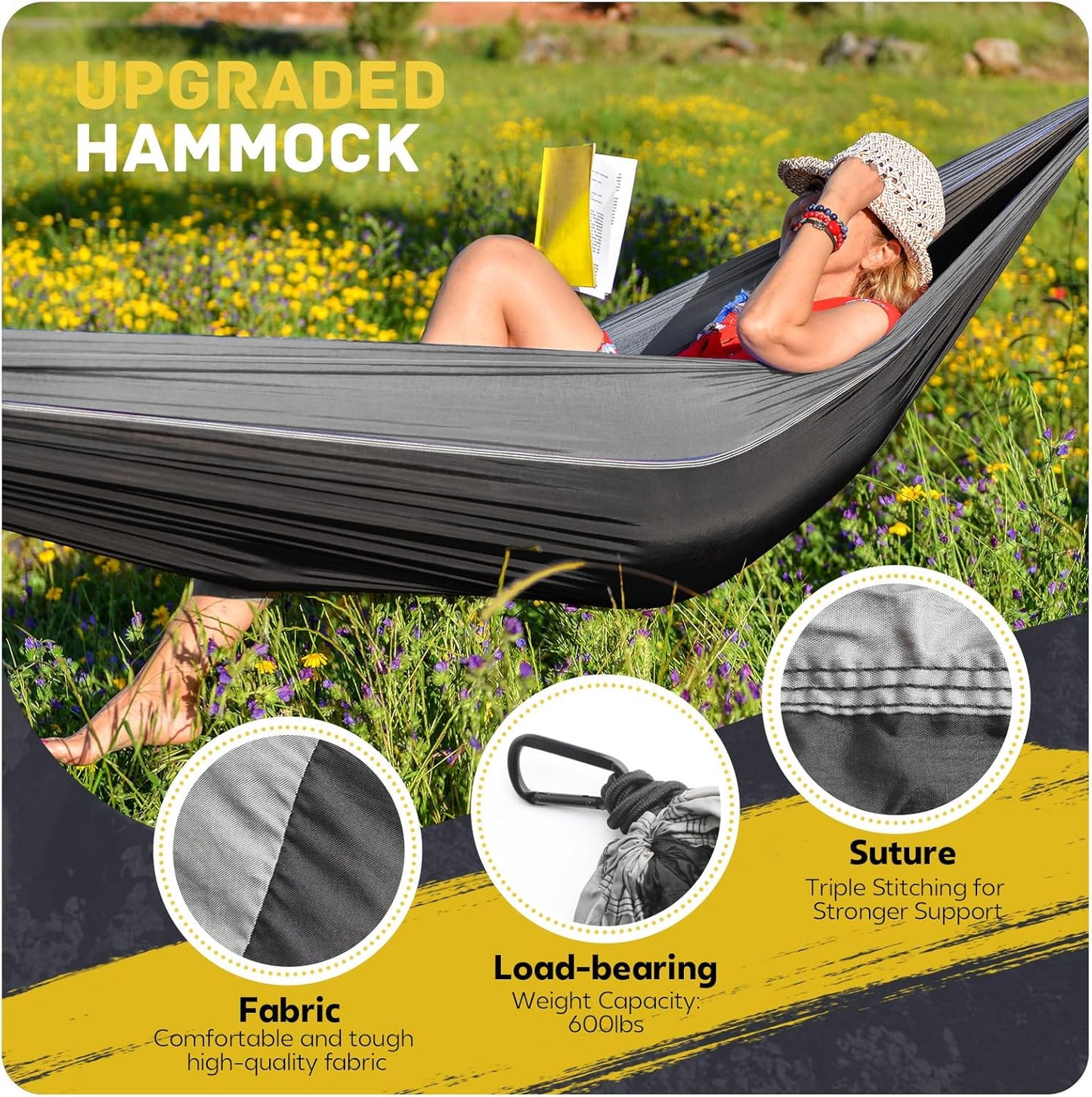Camping Hammock Lightweight, Portable Hammocks Parachute Hammock with Two Tree Straps, Single or Double Travel Swing Nylon Camp Hammocks, Outdoor Essentials for Beach Backpacking Hiking, Orange