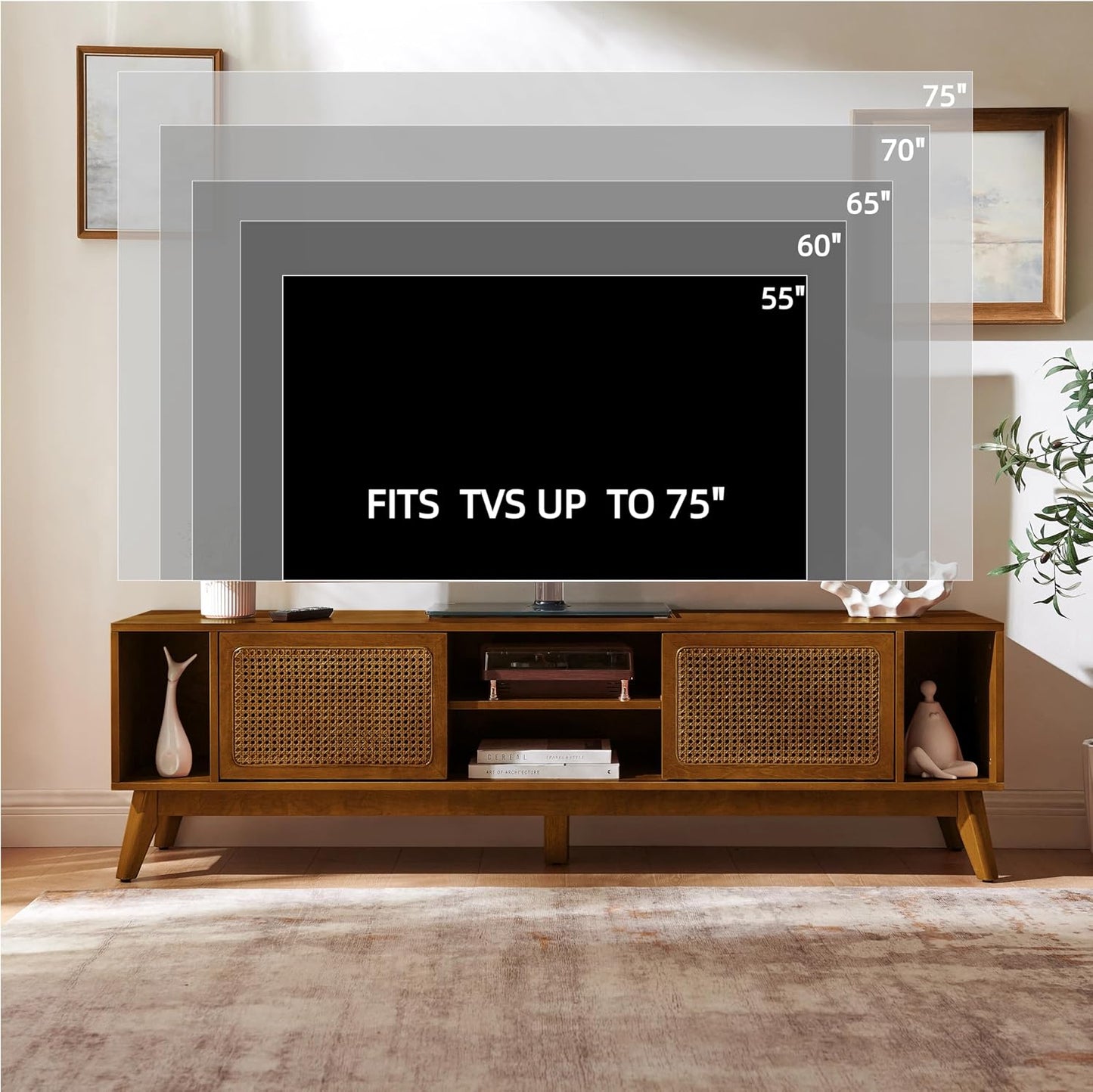 LKTART 68" Mid Century Modern TV Stand,Rattan Media Console for Living Room | Real Wood Veneer Entertainment Center,Long Boho Media Console Mid Century TV Stand for 60/65/70/75 inch TVS,Light Walnut