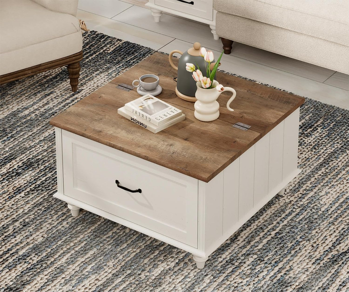 WAMPAT Farmhouse Lift Top Coffee Table with Storage Cabinet, Square Coffee Table with Large Drawer, Wooden Center Table for Living Room, Home, Office, Off White