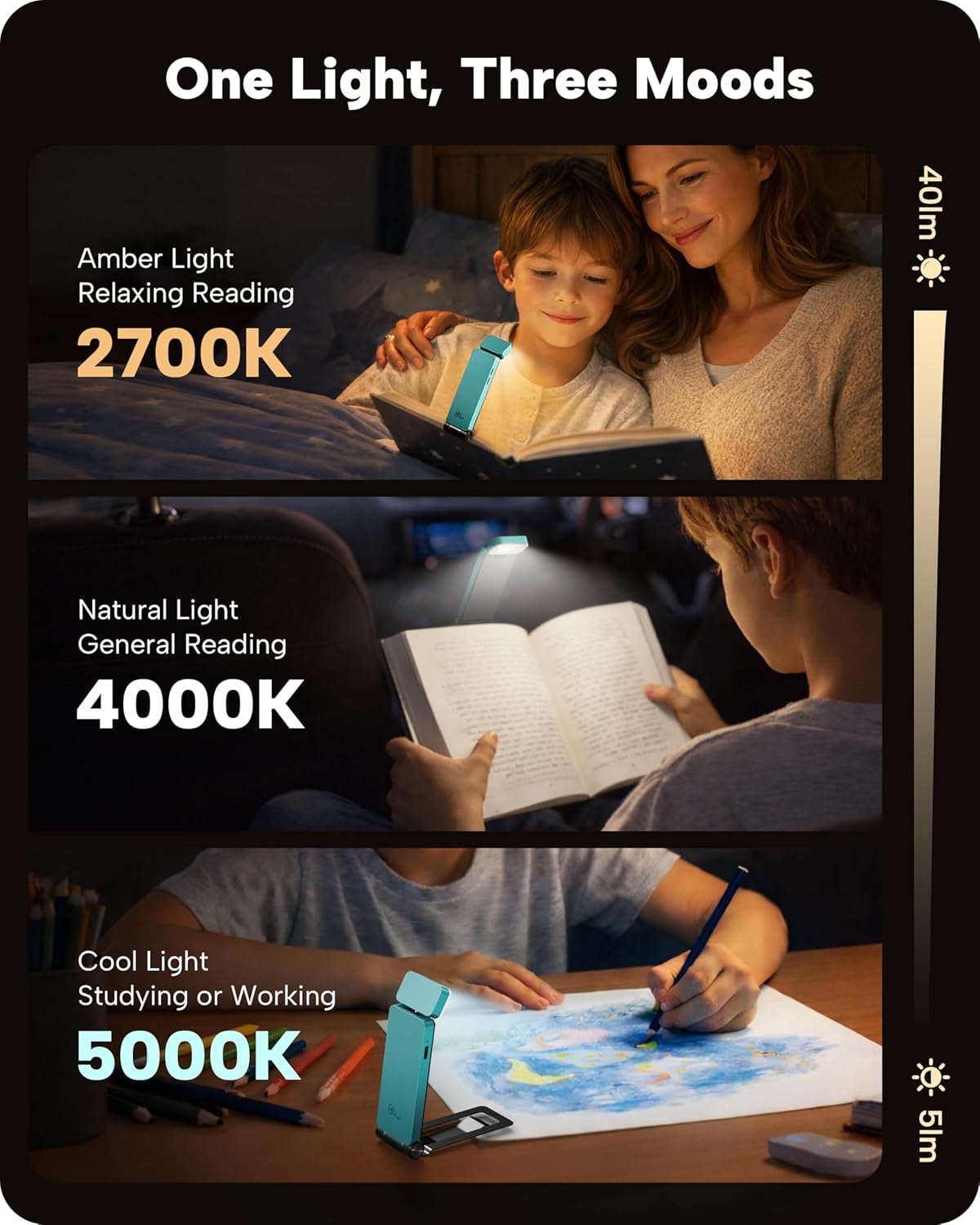 86lux Book Light, Rechargeable Clip-On LED Reading Light for Bed & Night Use - 3 Color Temperatures with Stepless Dimming, Ultralight Bookmark Design for Kids, Book Lovers, Cyan