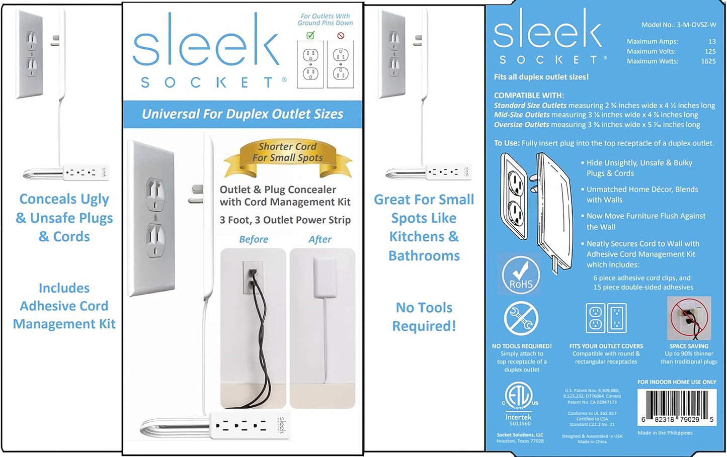 Sleek Socket Original & Patented Flat Ultra-Thin Outlet Concealer with Extension Cord Kit, Multi Outlets Power Strip, Ideal for Home Improvement, Hide Bulky and Messy Cords, 3ft