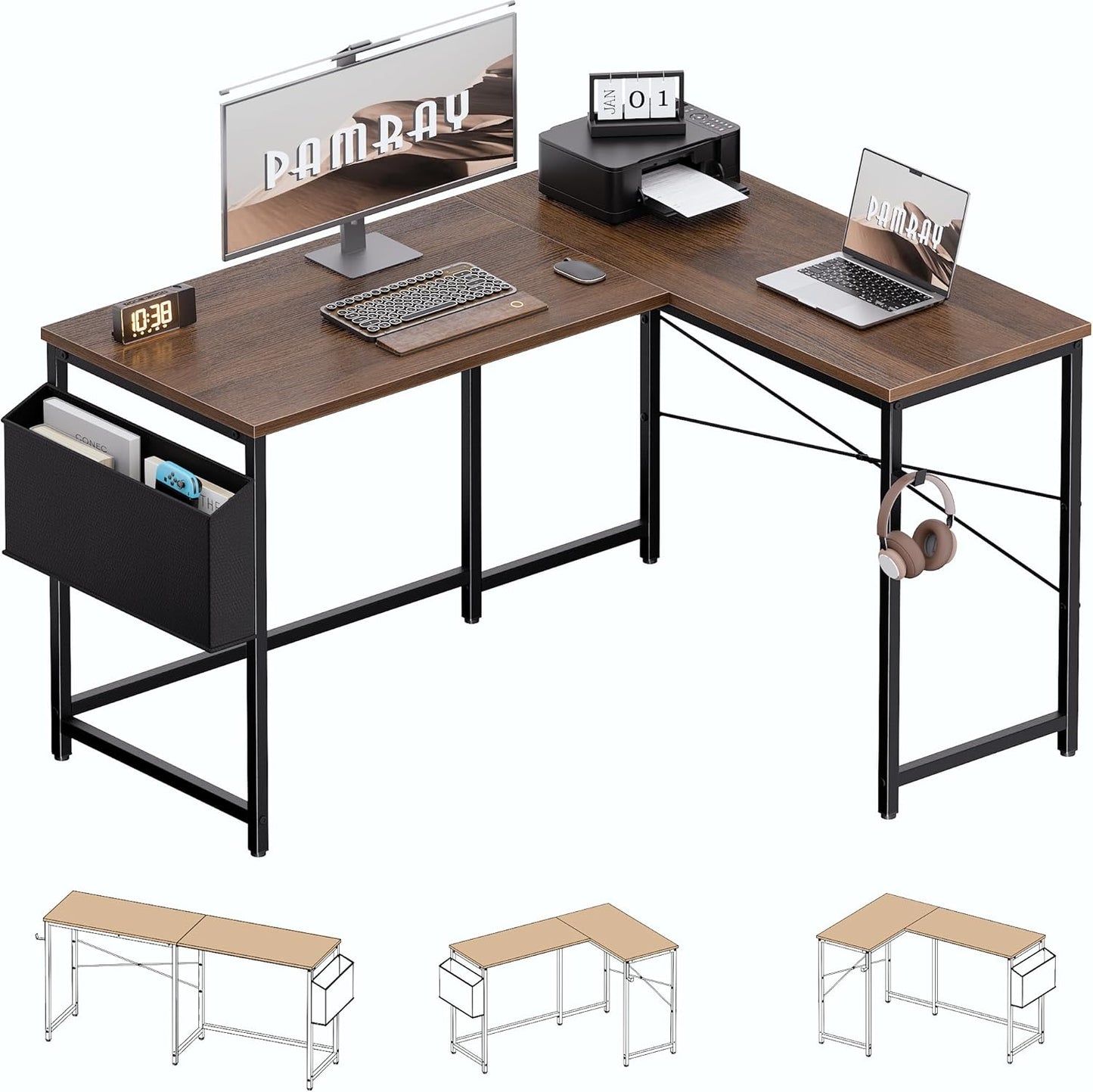 Pamray 47 Inch Reversible L Shaped Gaming Desk Corner Computer Desk with Storage Bag Home Office Table for Writing Study Brown