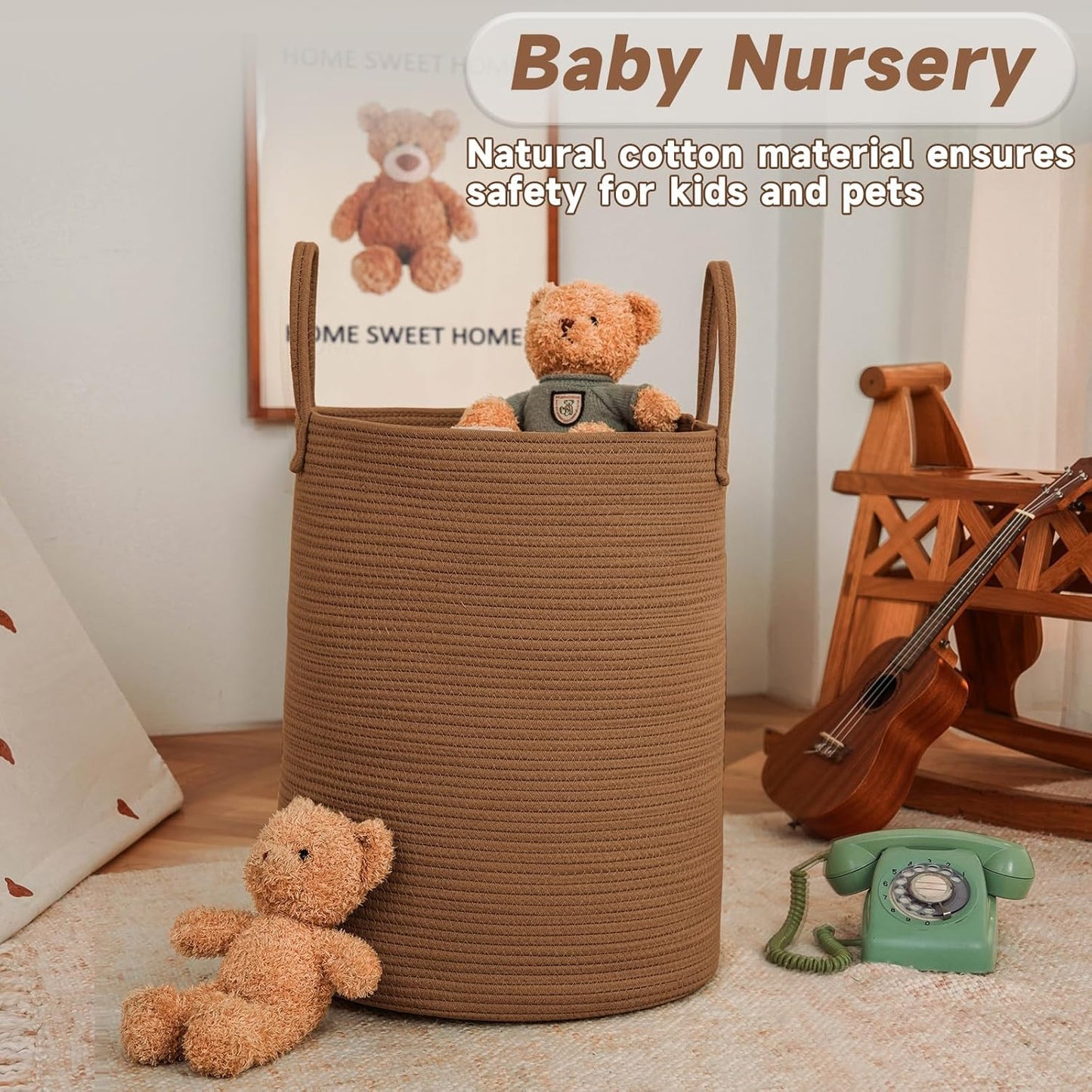 JMvicyroam Large Woven Laundry Basket Hamper,60L Cotton Rope Storage Bin for Blankets,Toys and Clothes,Decorative Tall Nursery Hamper for Living Room,Baby Nursery,Bathroom and Bedroom,Golden Jute