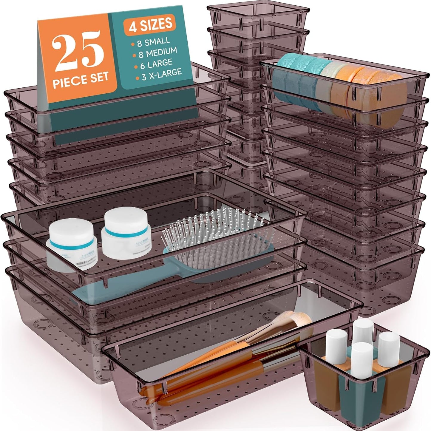 WOWBOX 25 PCS Clear Plastic Drawer Organizer Set, 4 Sizes Desk Drawer Divider Organizers and Storage Bins for Makeup, Jewelry, Gadgets for Kitchen, Bedroom, Bathroom, Office