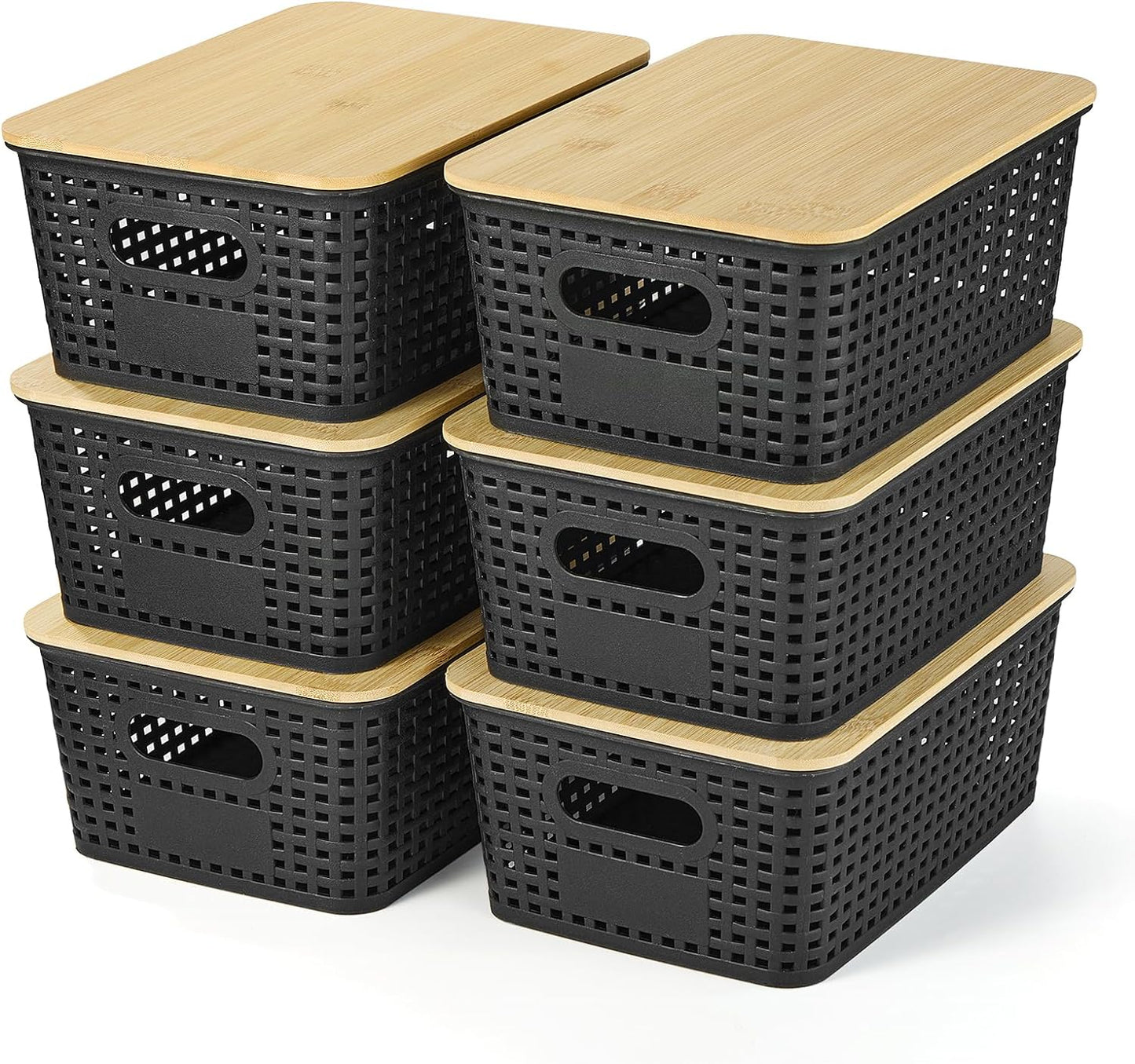 Ohmlove 6 Pack Plastic Storage Baskets with Bamboo Lids for Organization | Stackable Storage bins, Storages Baskets for Organizing Shelves Drawers Desktop Closet Playroom Classroom Office,Black