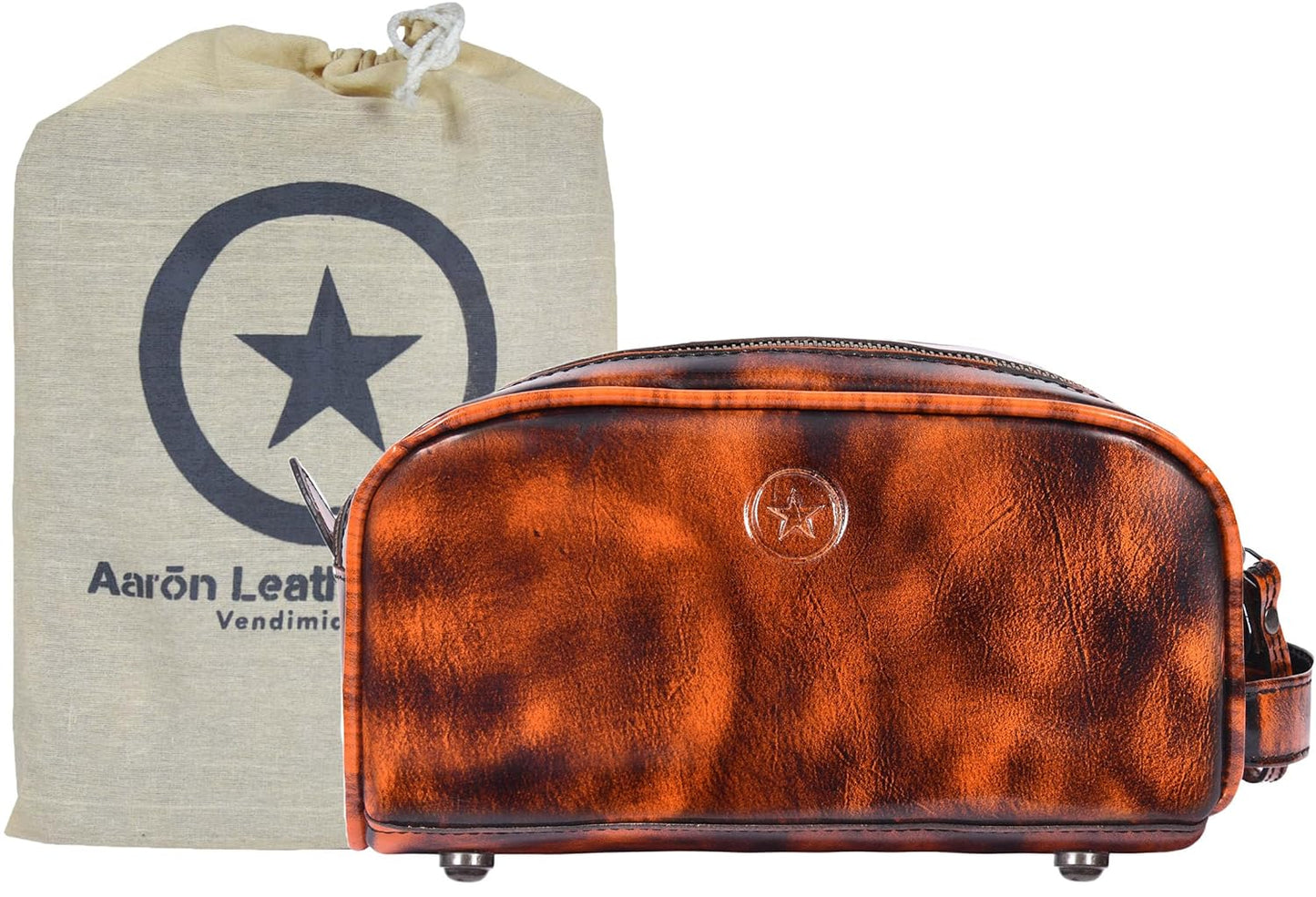10" Premium Leather Toiletry Travel Pouch With Waterproof Lining | King-Size Handcrafted Vintage Dopp kit By Aaron Leather Goods (Canary Brown)