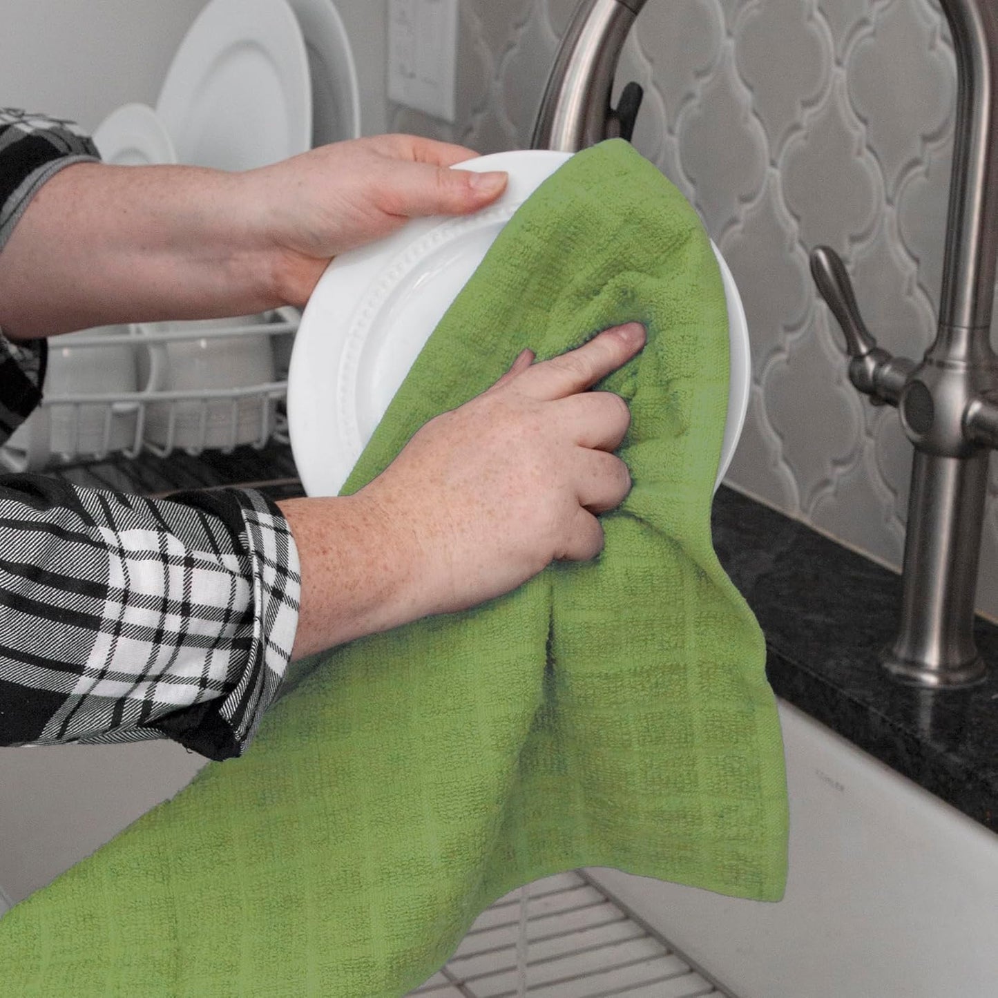 Ritz Premium Kitchen Towel and Dish Cloth Value Set: Highly Absorbent, Super Soft, Long-Lasting, 100% Cotton Checked and Solid Hand Towels, Tea Towels, Bar Towels - 6 Pack, Fluorite Green